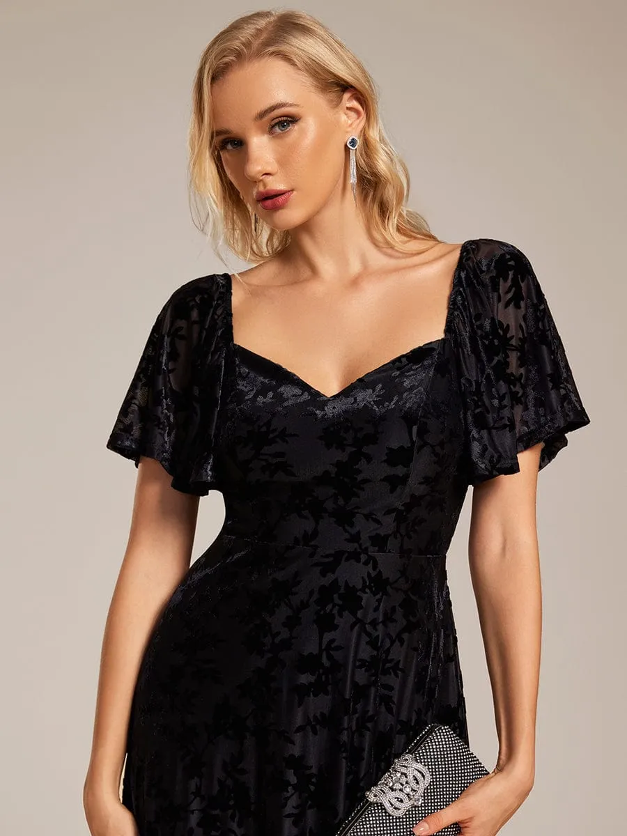 Lola | Elegant Stretchy Short Sleeve Tea Length Velvet Wedding Guest Dress