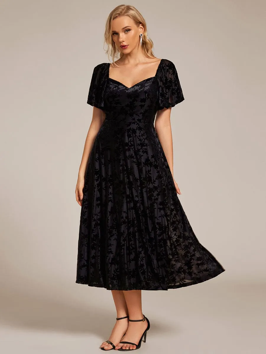 Lola | Elegant Stretchy Short Sleeve Tea Length Velvet Wedding Guest Dress