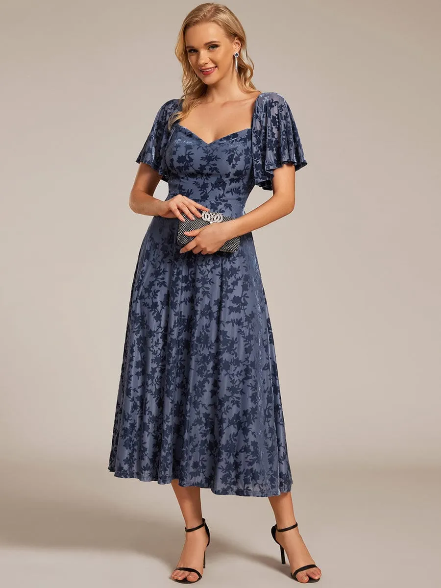 Lola | Elegant Stretchy Short Sleeve Tea Length Velvet Wedding Guest Dress