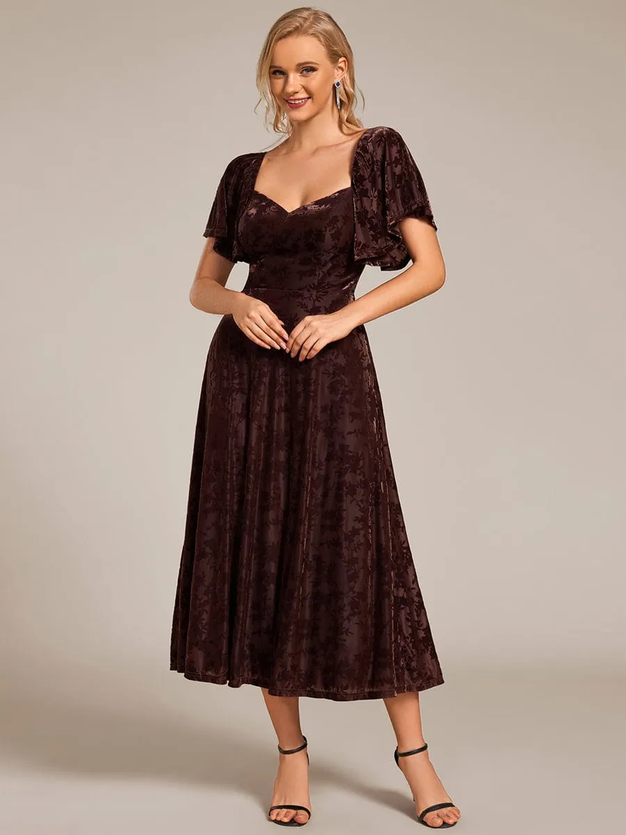 Lola | Elegant Stretchy Short Sleeve Tea Length Velvet Wedding Guest Dress