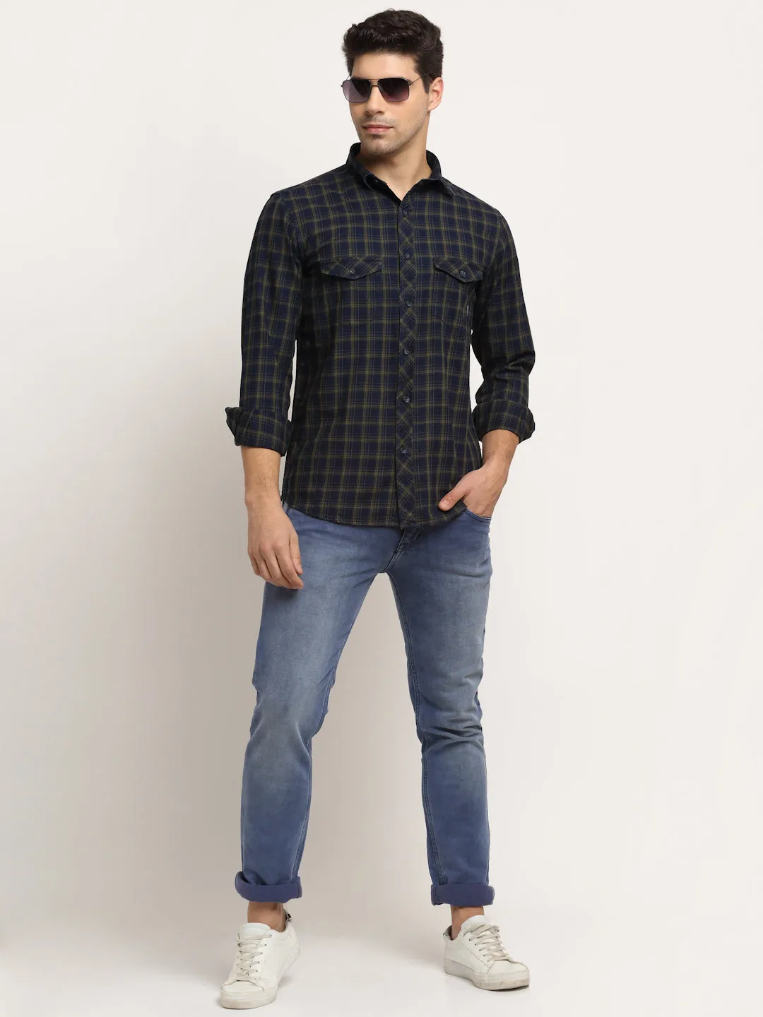 Men Cotton Checkered Olive Full Sleeve Casual Shirt for Men with Pocket