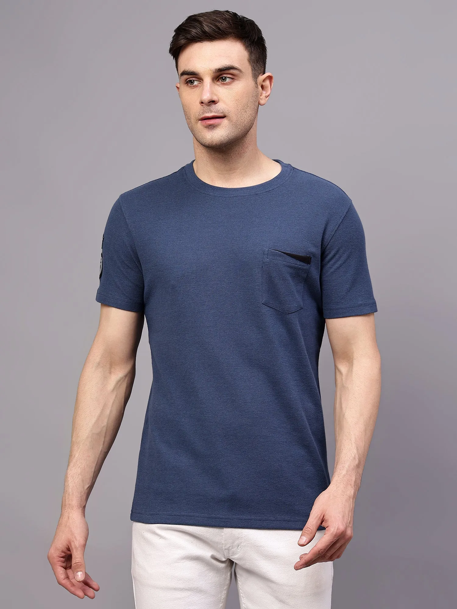 Men's Airforce Blue Round neck Half Sleeve T-Shirt with chest pocket