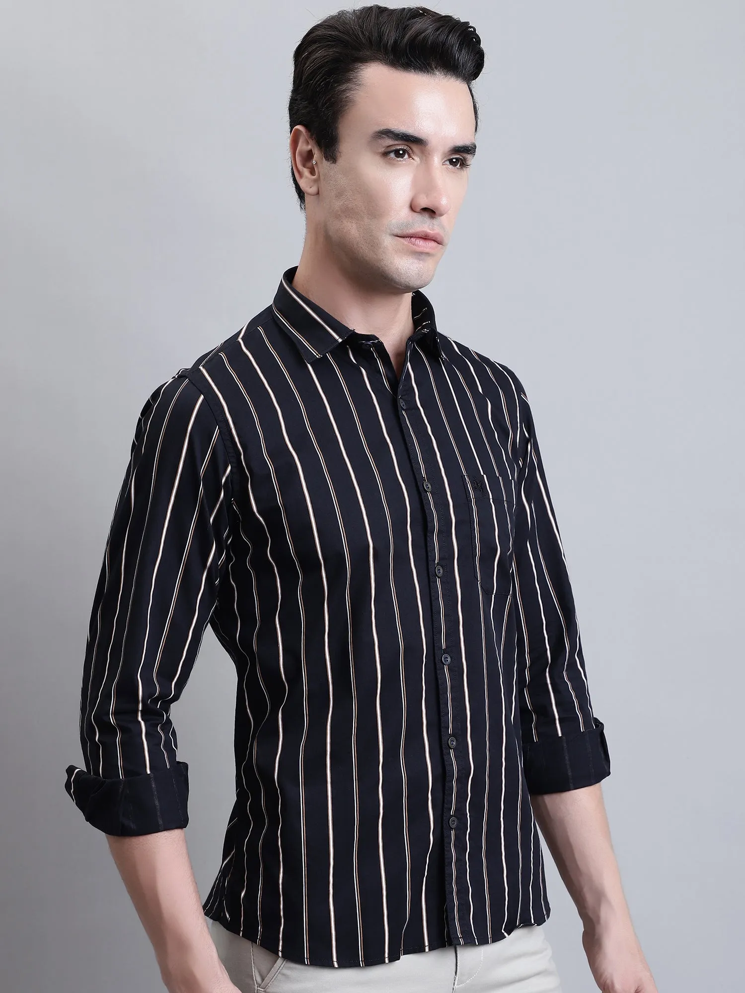 Men's Black Casual Broad Stripe Full Sleeve Shirt