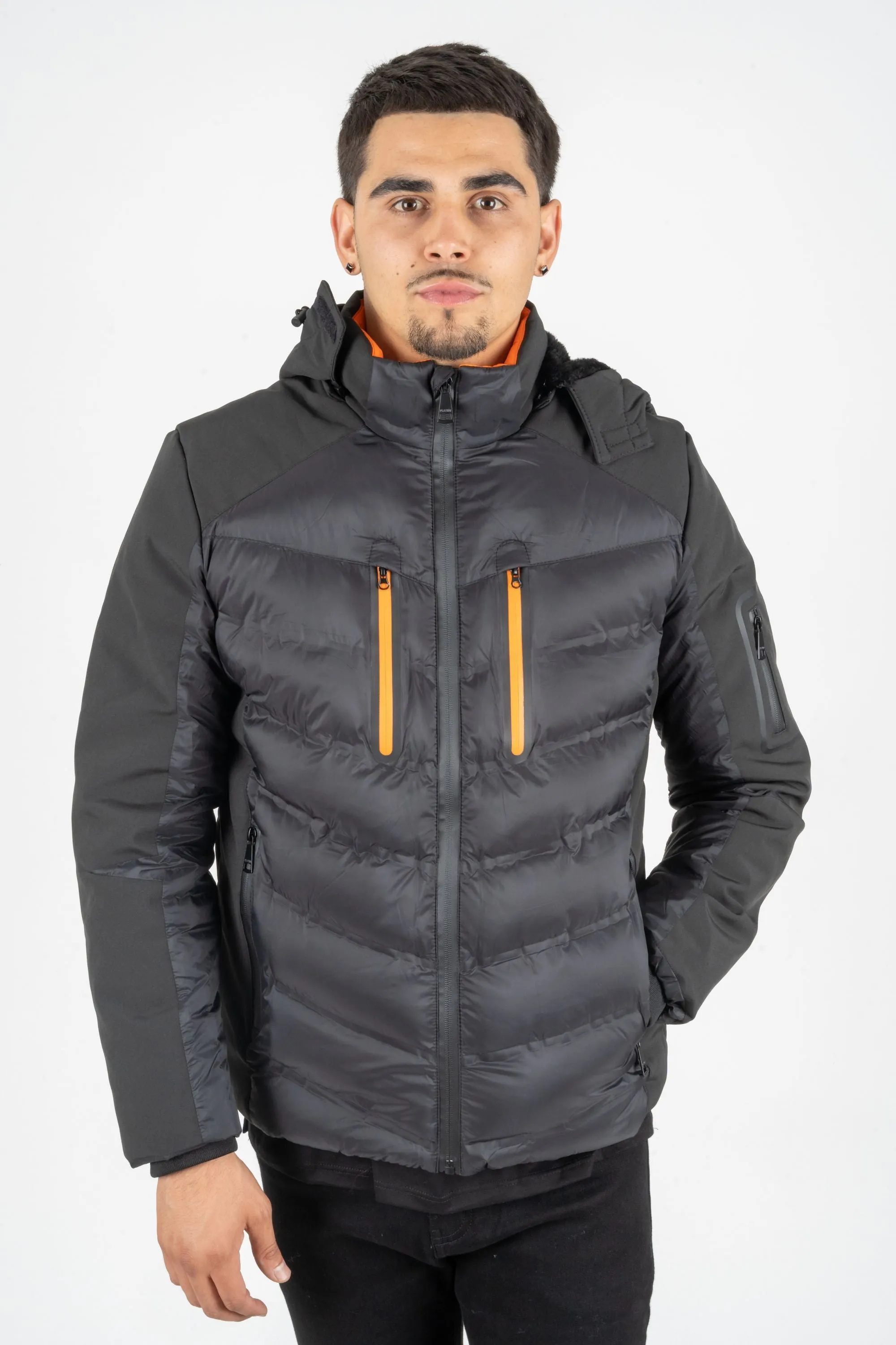 MEN'S BLACK JACKET ACTIVE MULTI FABRIC PADDED WITH HOOD | BLACK FJT7834