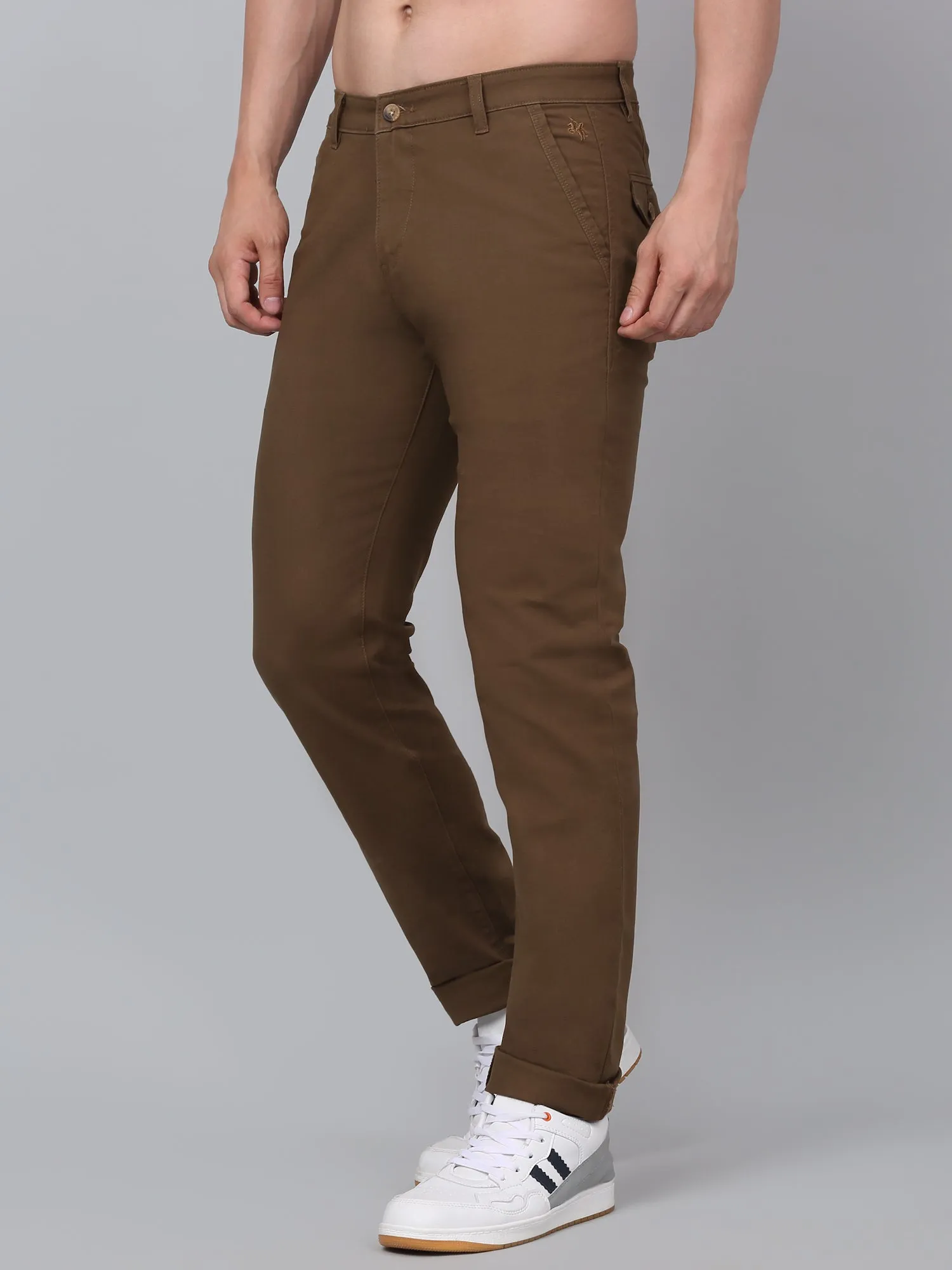 Men's Brown Solid Non-Pleated Stretchable Casual Trouser