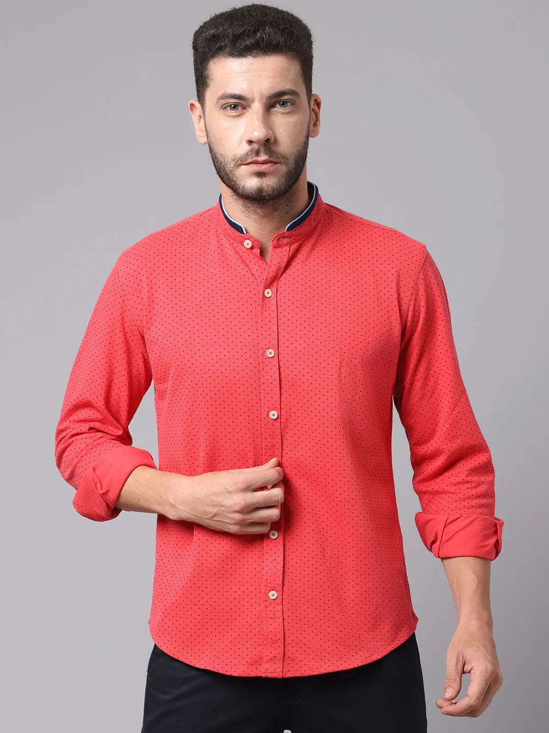 Men's Dark Pink Casual Dot Print Knit Self Textured Full Sleeve Shirt