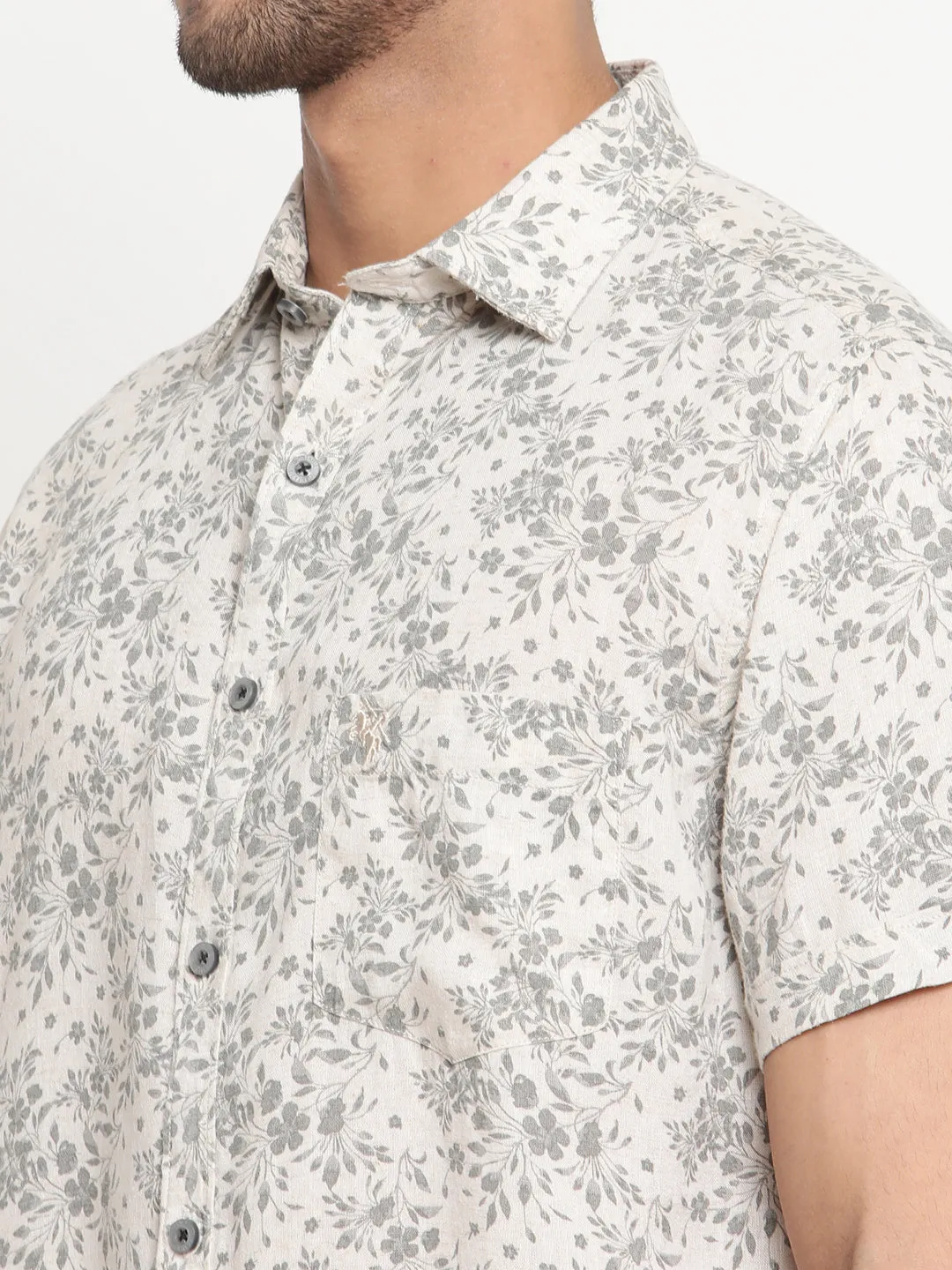 Men's Ecru Casual Floral Print Half Sleeve Shirt