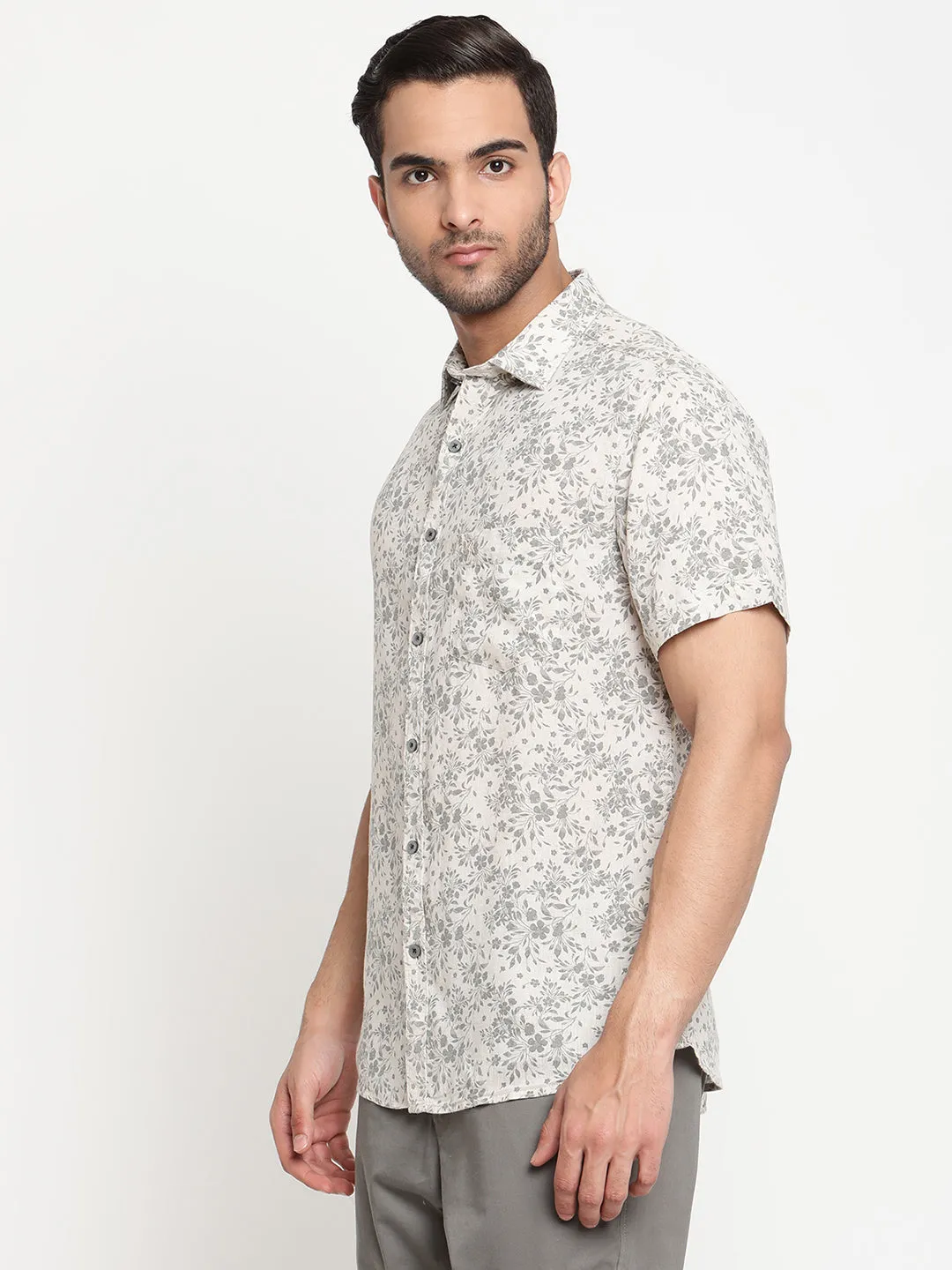 Men's Ecru Casual Floral Print Half Sleeve Shirt