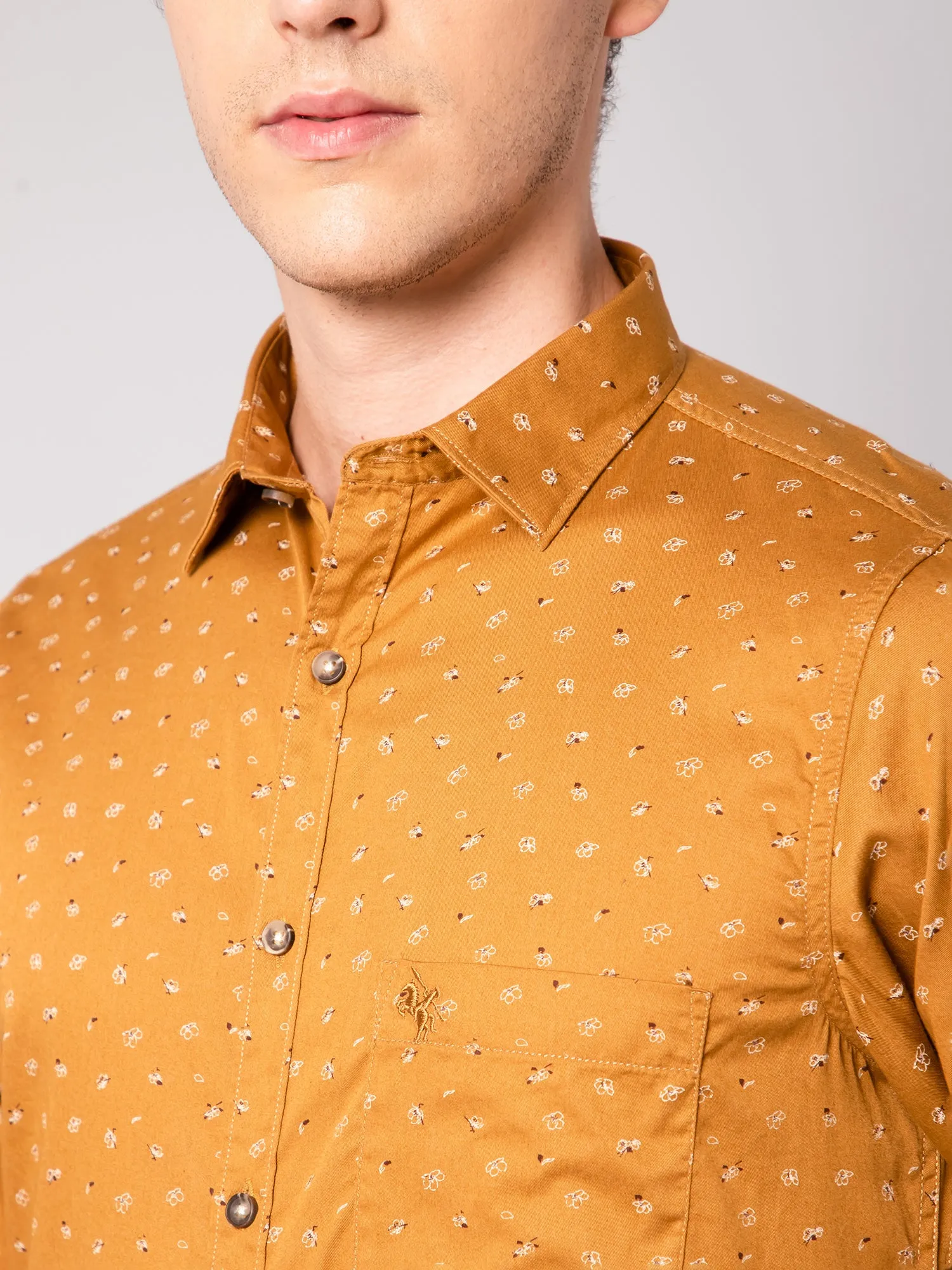 Men's Golden Yellow Casual Floral Print Full Sleeve Shirt