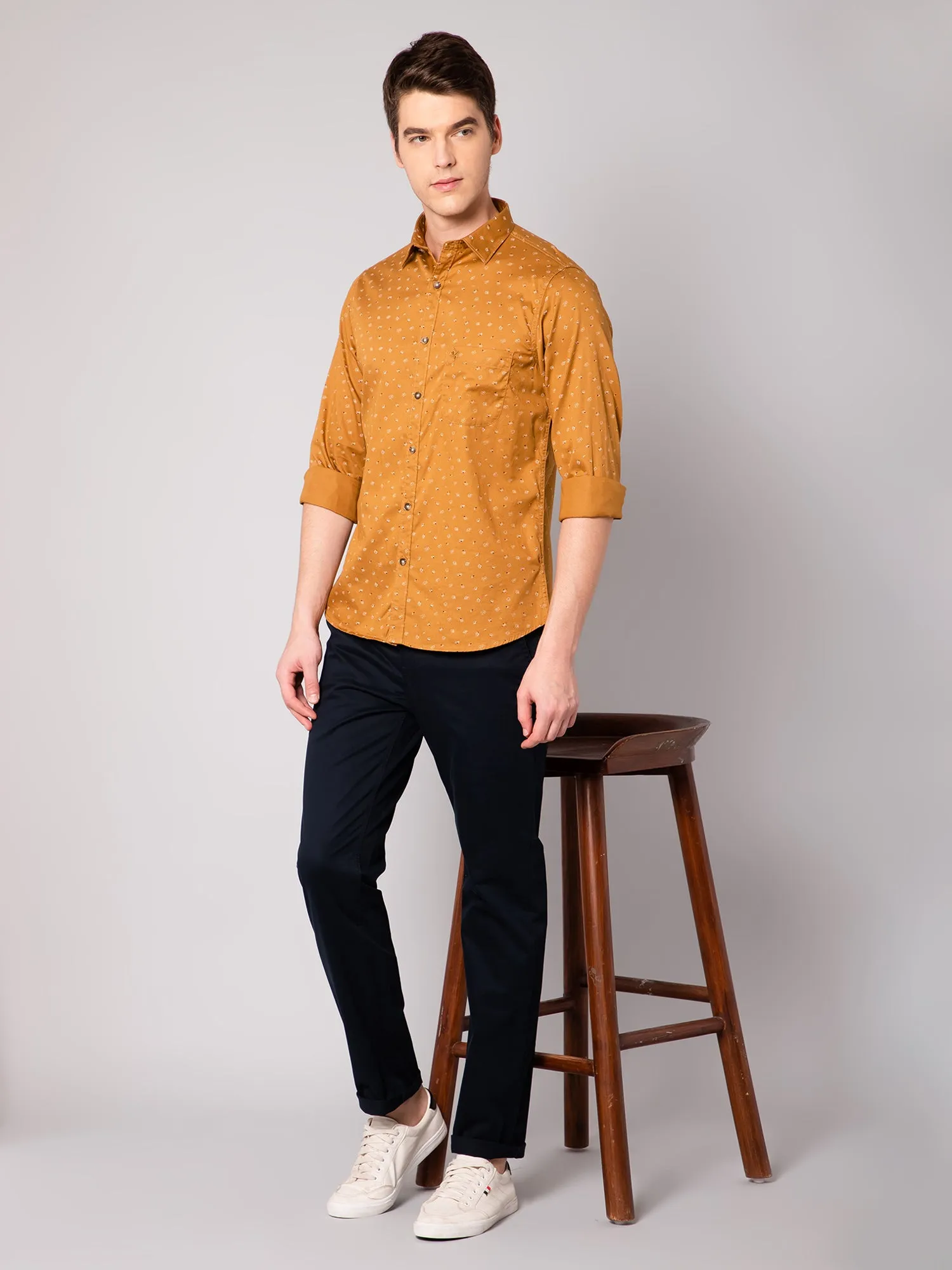 Men's Golden Yellow Casual Floral Print Full Sleeve Shirt