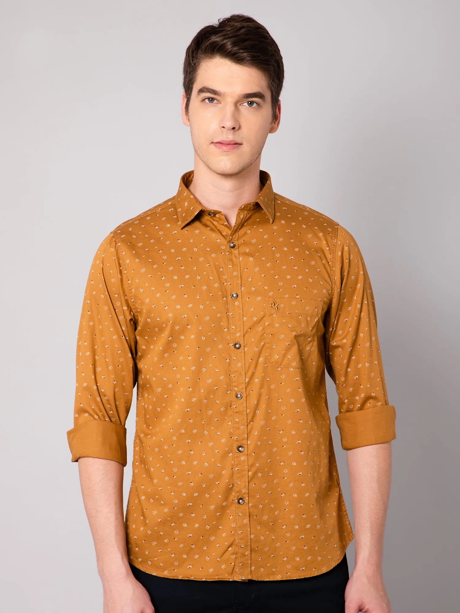 Men's Golden Yellow Casual Floral Print Full Sleeve Shirt