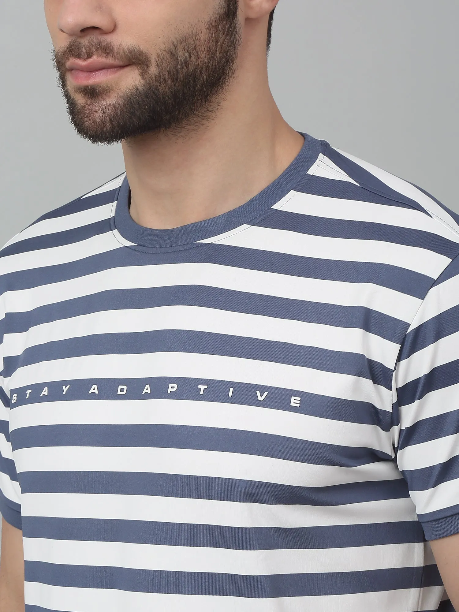 Men's Grey Stripe Round neck Half Sleeve T-Shirt with Typographic print