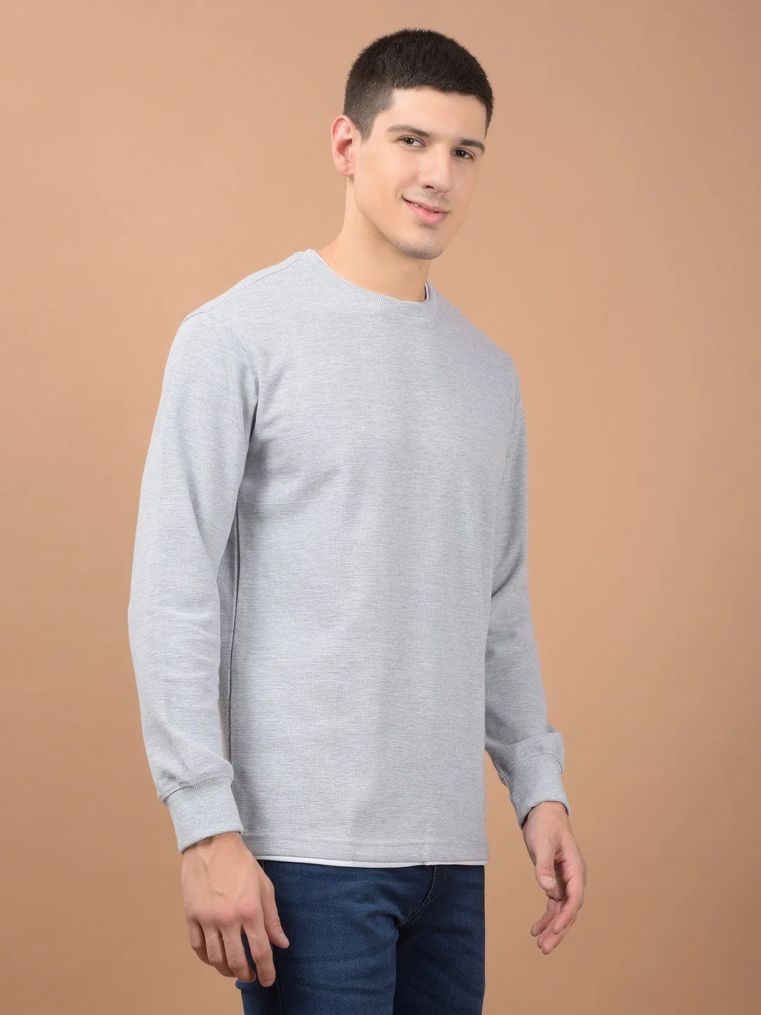 Men's Heather Grey Self Design Full Sleeves T-shirt For Winter