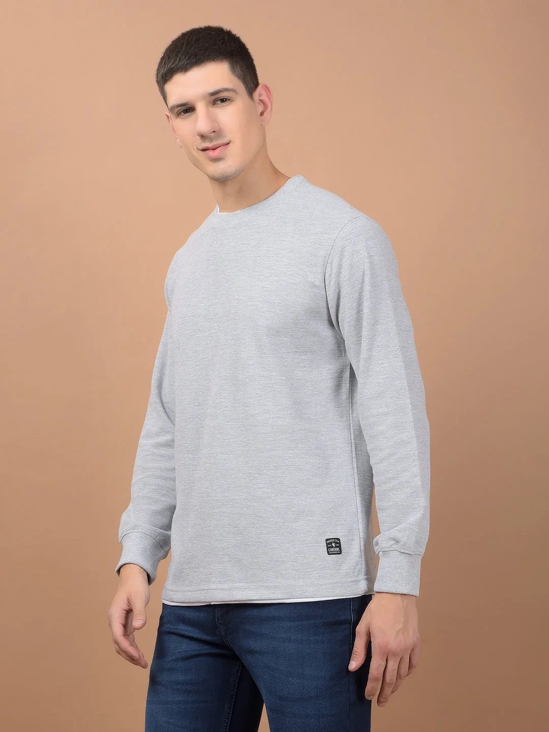 Men's Heather Grey Self Design Full Sleeves T-shirt For Winter