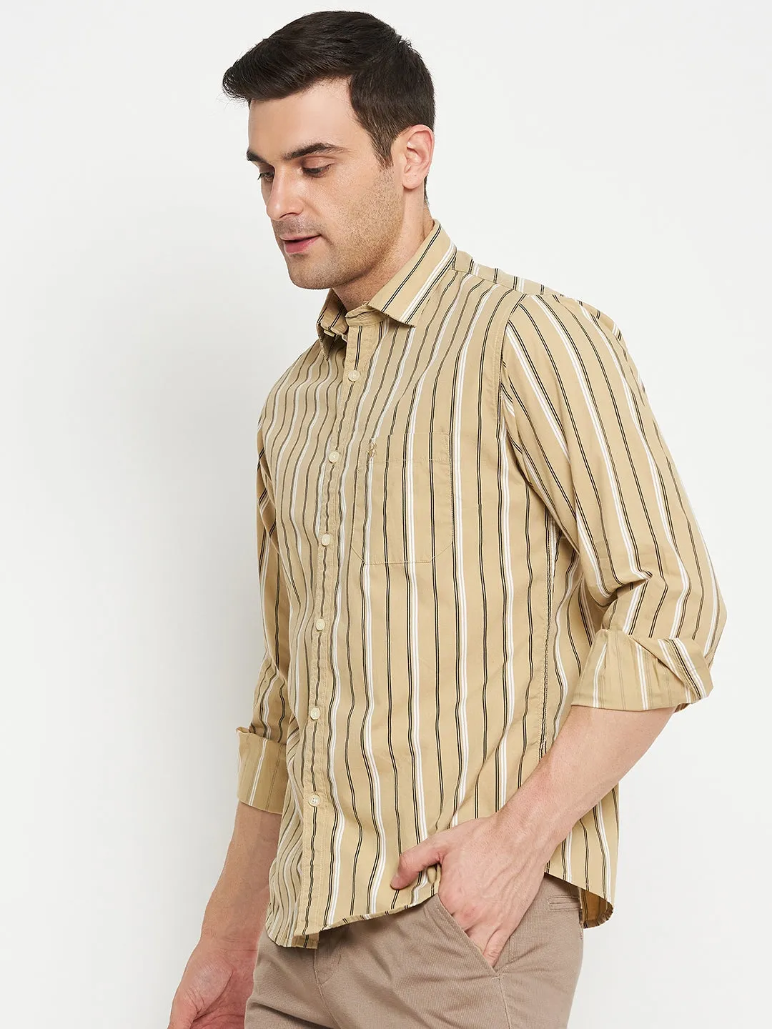 Men's Khaki Casual Narrow Stripe Full Sleeve Shirt