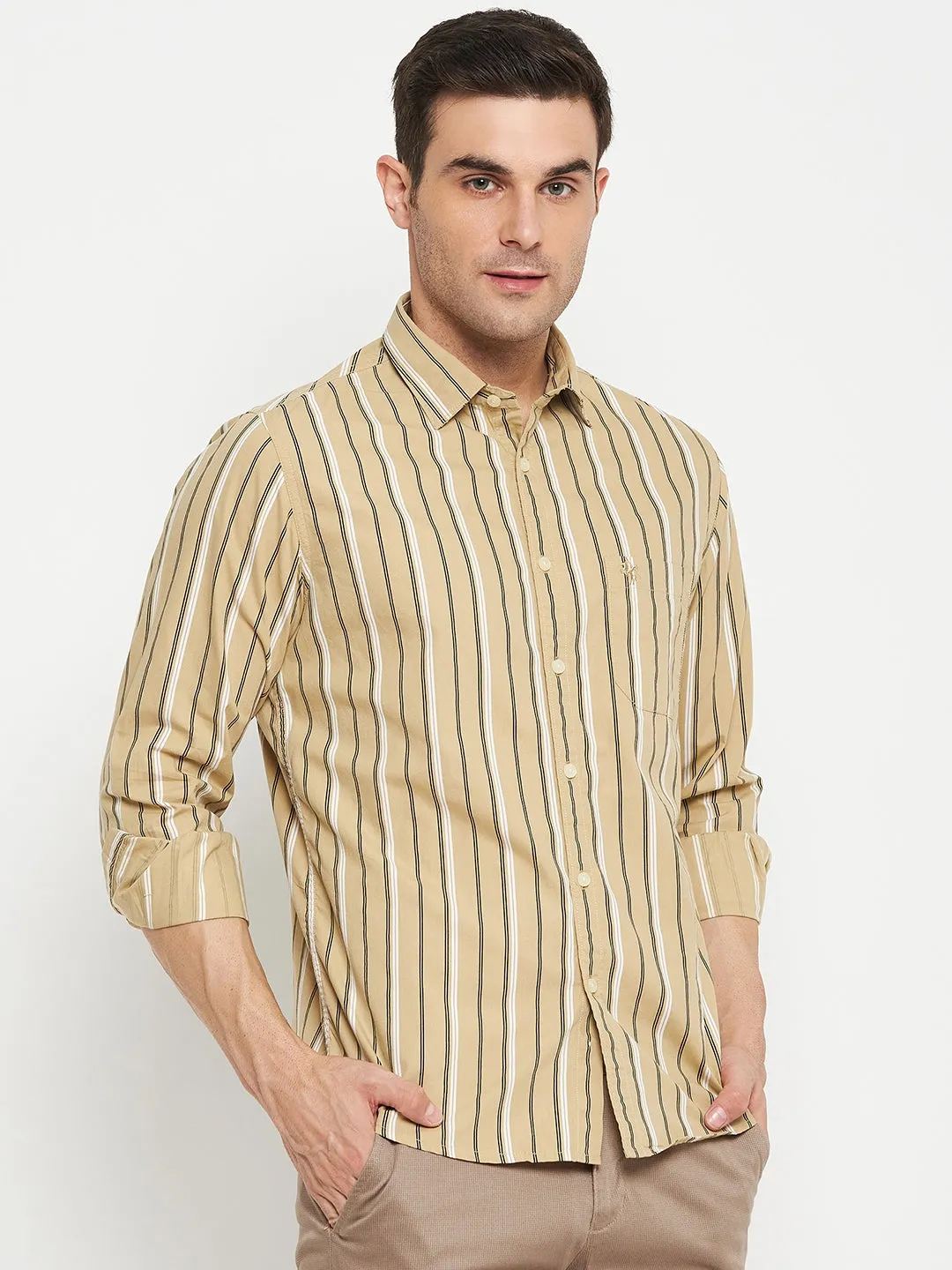 Men's Khaki Casual Narrow Stripe Full Sleeve Shirt