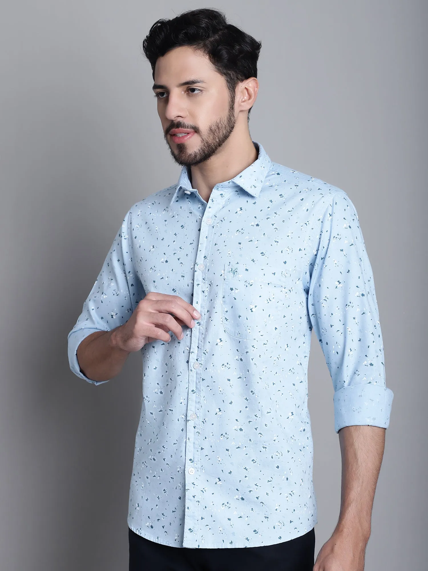 Men's Light Blue Casual Abstract Ditsy Print Full Sleeve Shirt