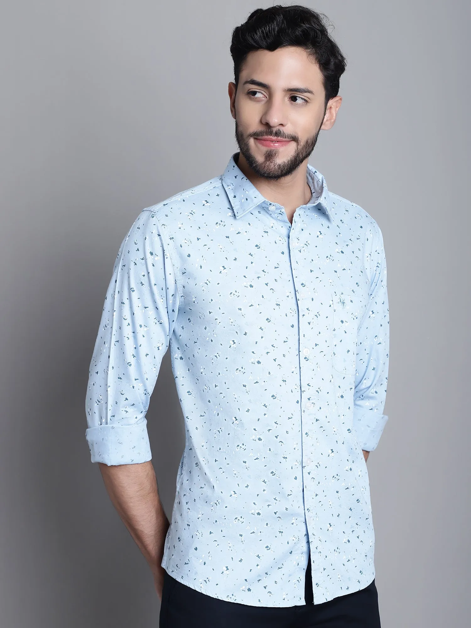 Men's Light Blue Casual Abstract Ditsy Print Full Sleeve Shirt