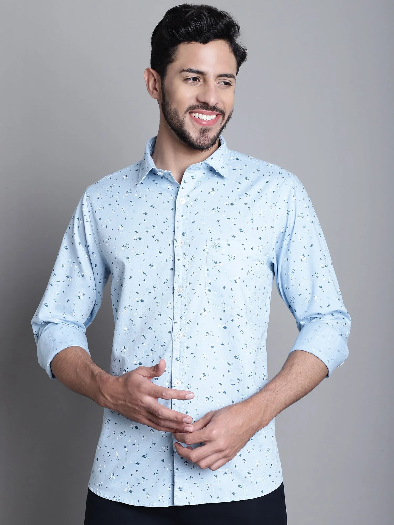 Men's Light Blue Casual Abstract Ditsy Print Full Sleeve Shirt