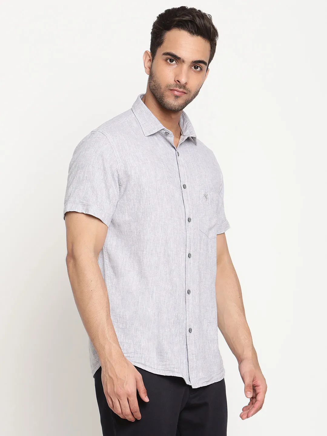 Men's Light Grey Casual Plain Half Sleeve Shirt