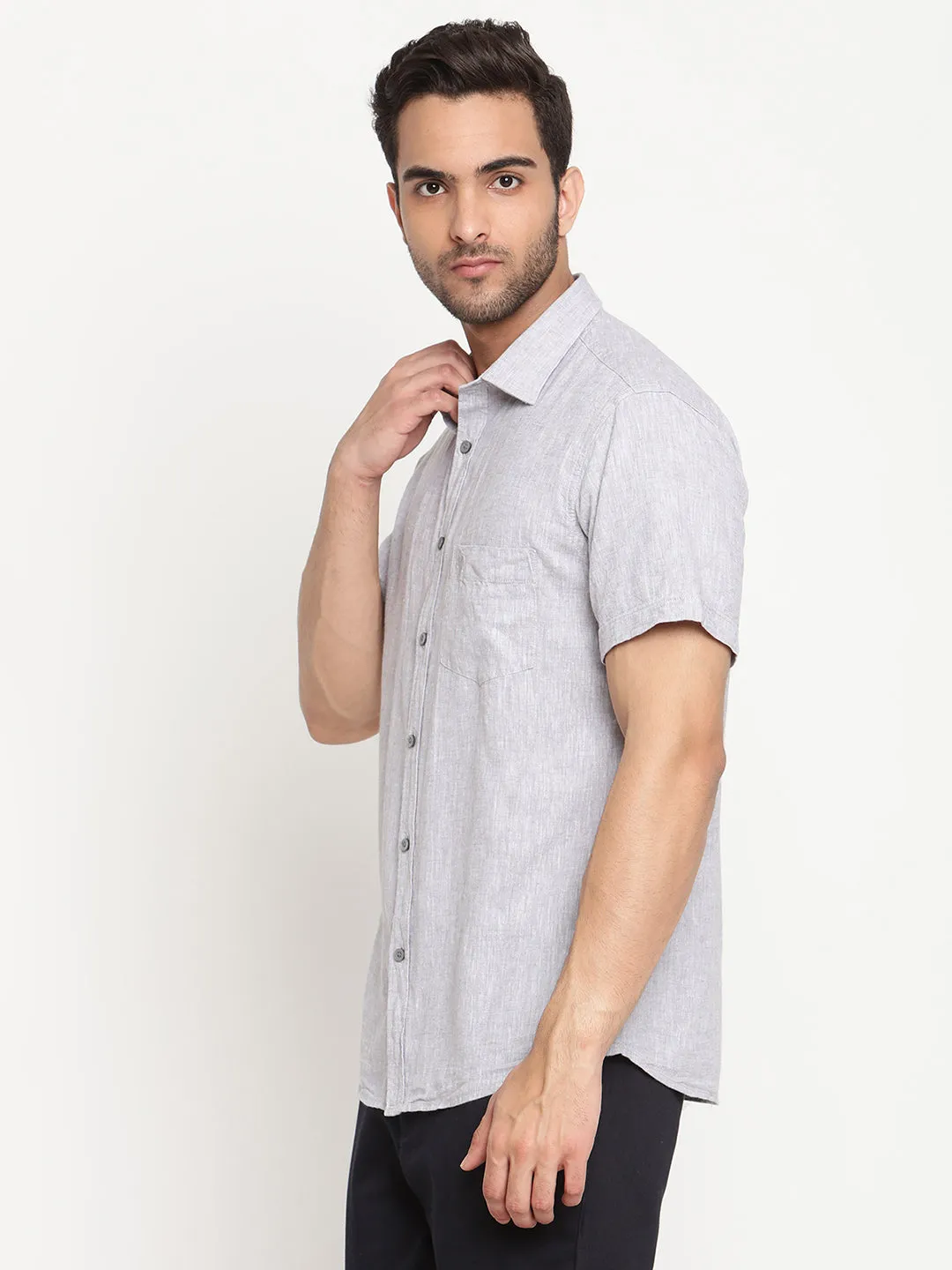 Men's Light Grey Casual Plain Half Sleeve Shirt