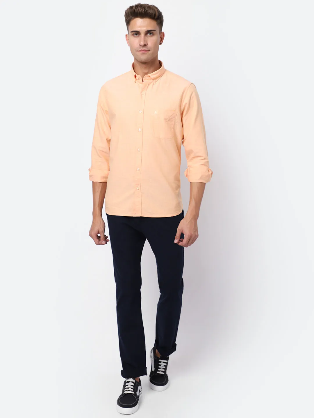 Men's Light Orange Casual Plain Full Sleeve Shirt