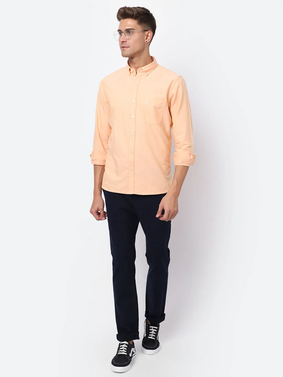 Men's Light Orange Casual Plain Full Sleeve Shirt