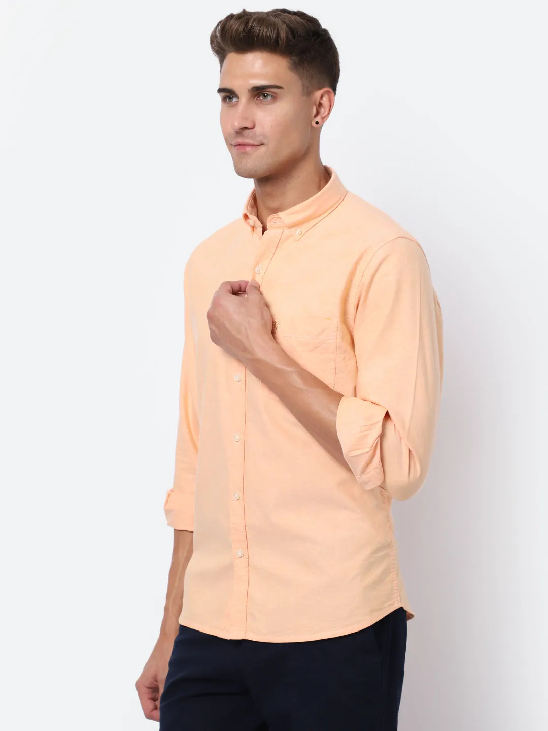 Men's Light Orange Casual Plain Full Sleeve Shirt