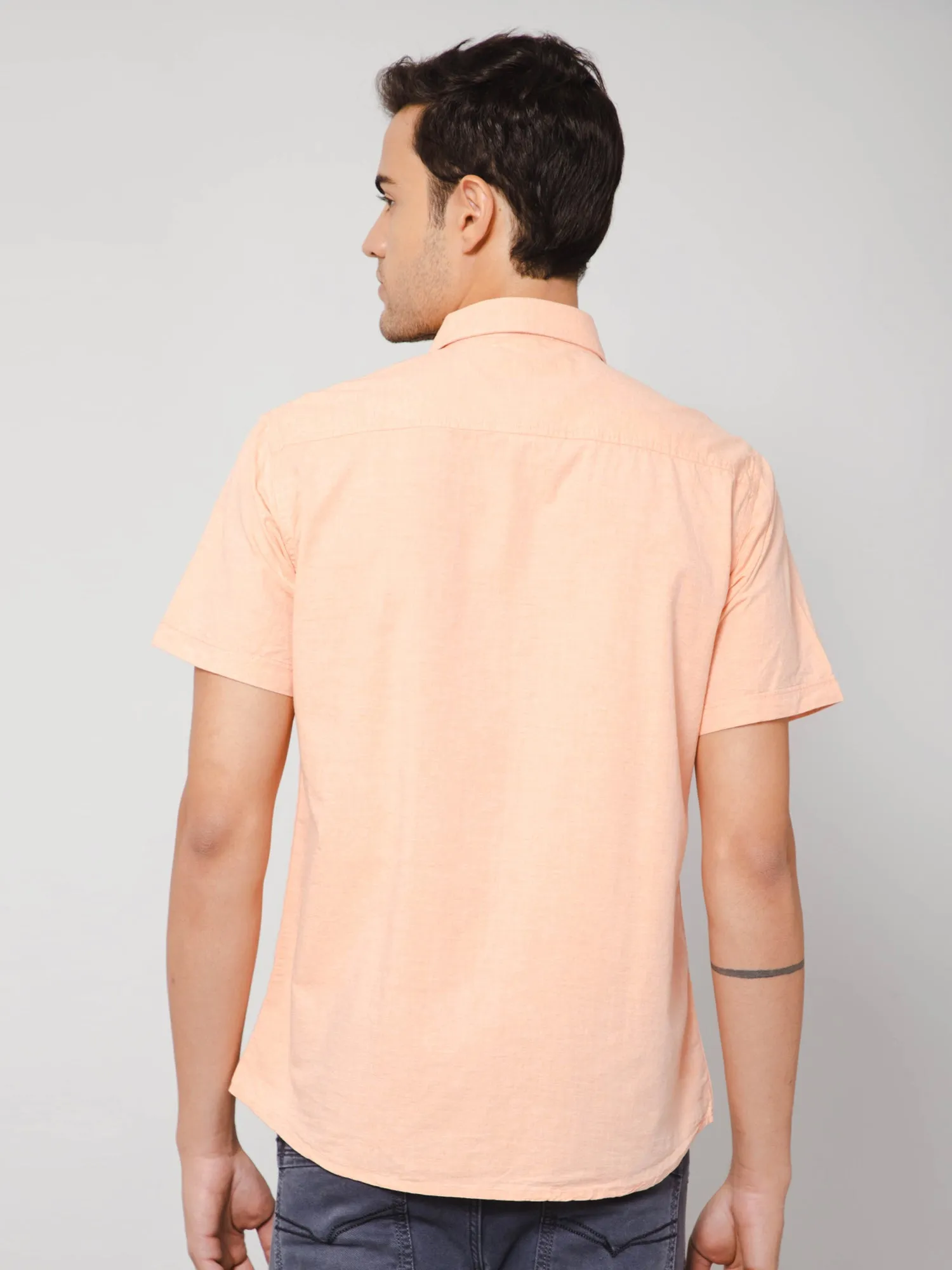 Men's Light Orange Casual Plain Half Sleeve Shirt