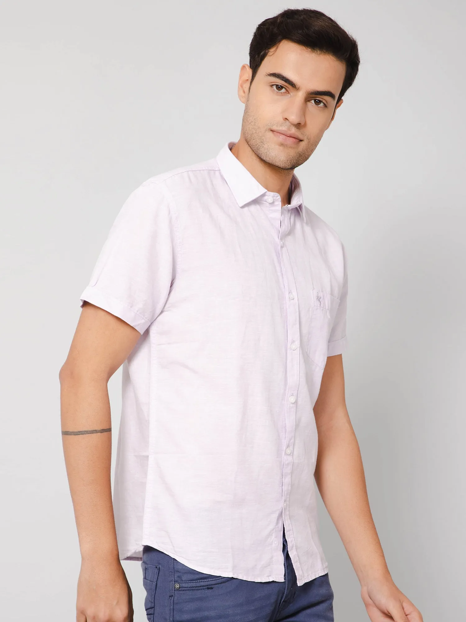 Men's Light Pink Casual Plain Half Sleeve Shirt