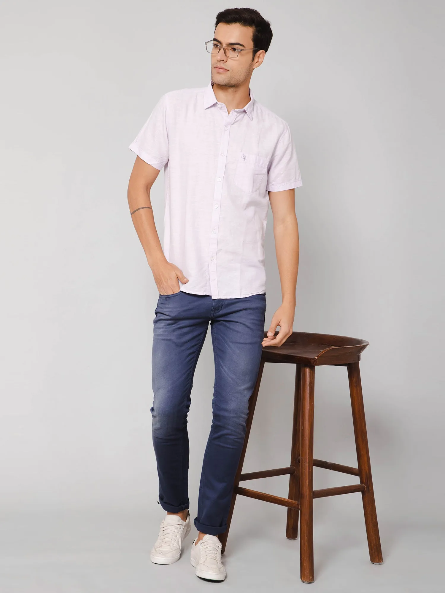 Men's Light Pink Casual Plain Half Sleeve Shirt