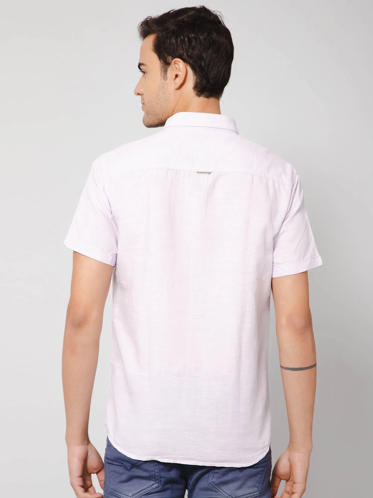 Men's Light Pink Casual Plain Half Sleeve Shirt