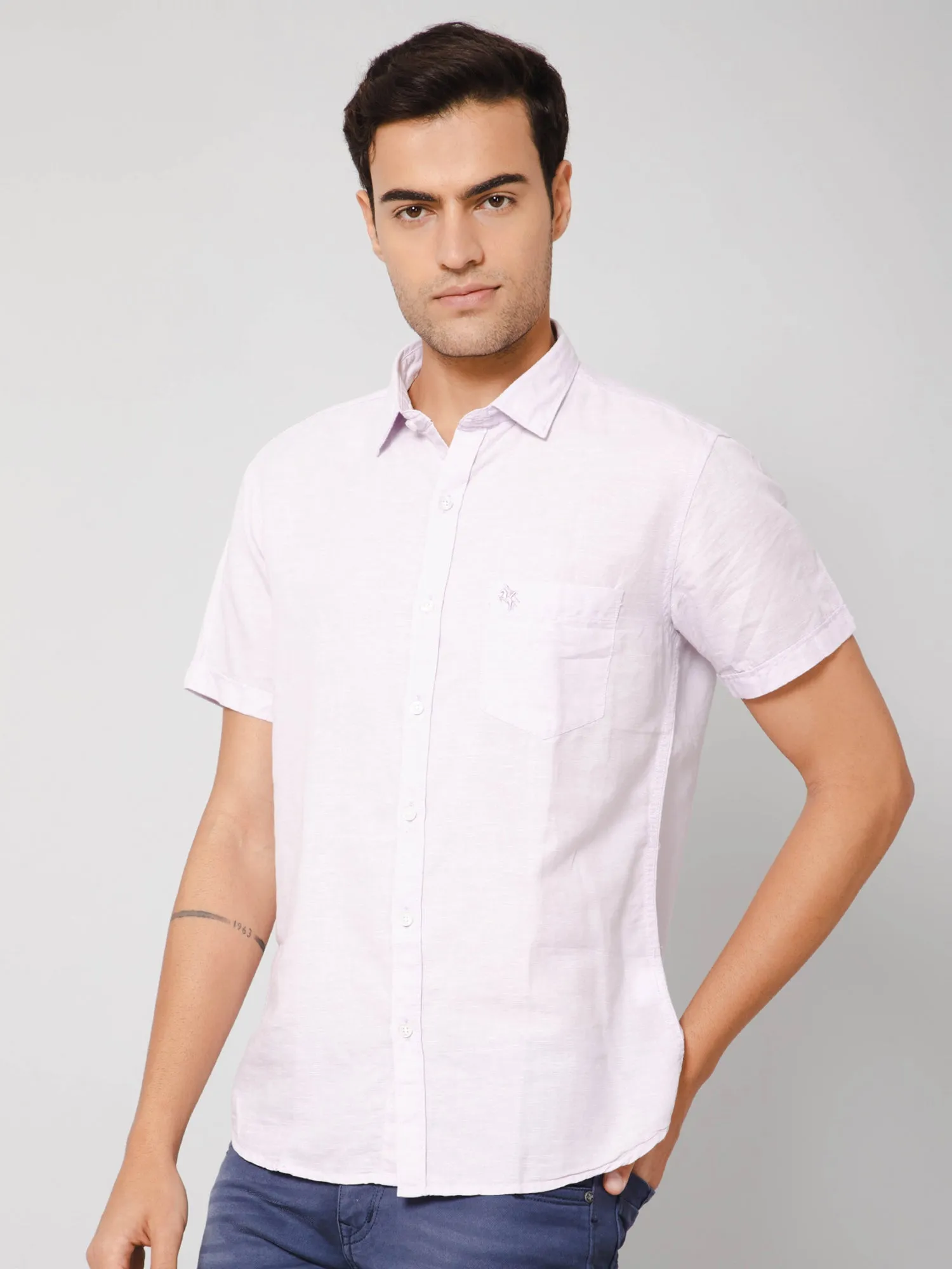 Men's Light Pink Casual Plain Half Sleeve Shirt