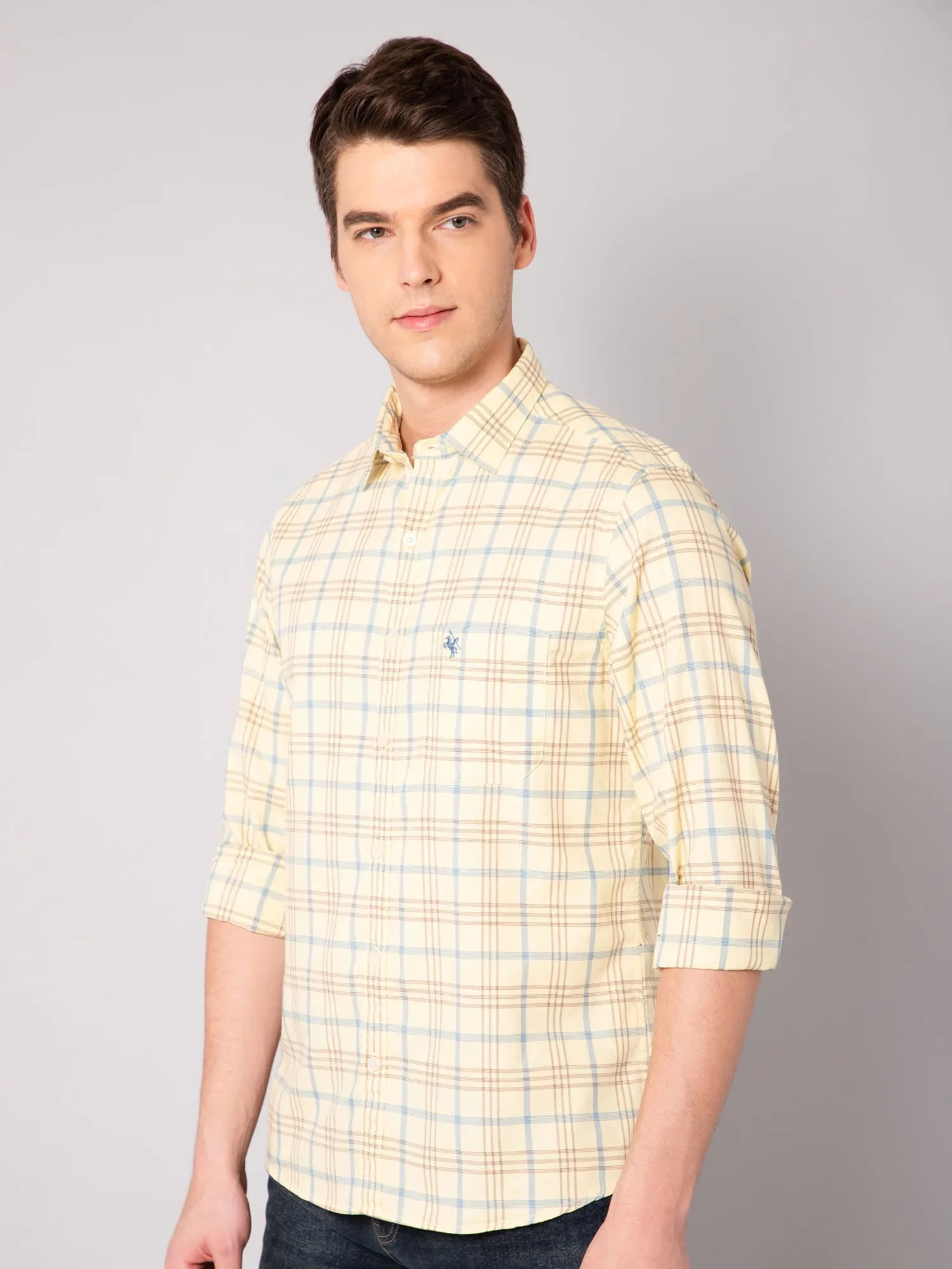 Men's Light Yellow Casual Big Checks Full Sleeve Shirt