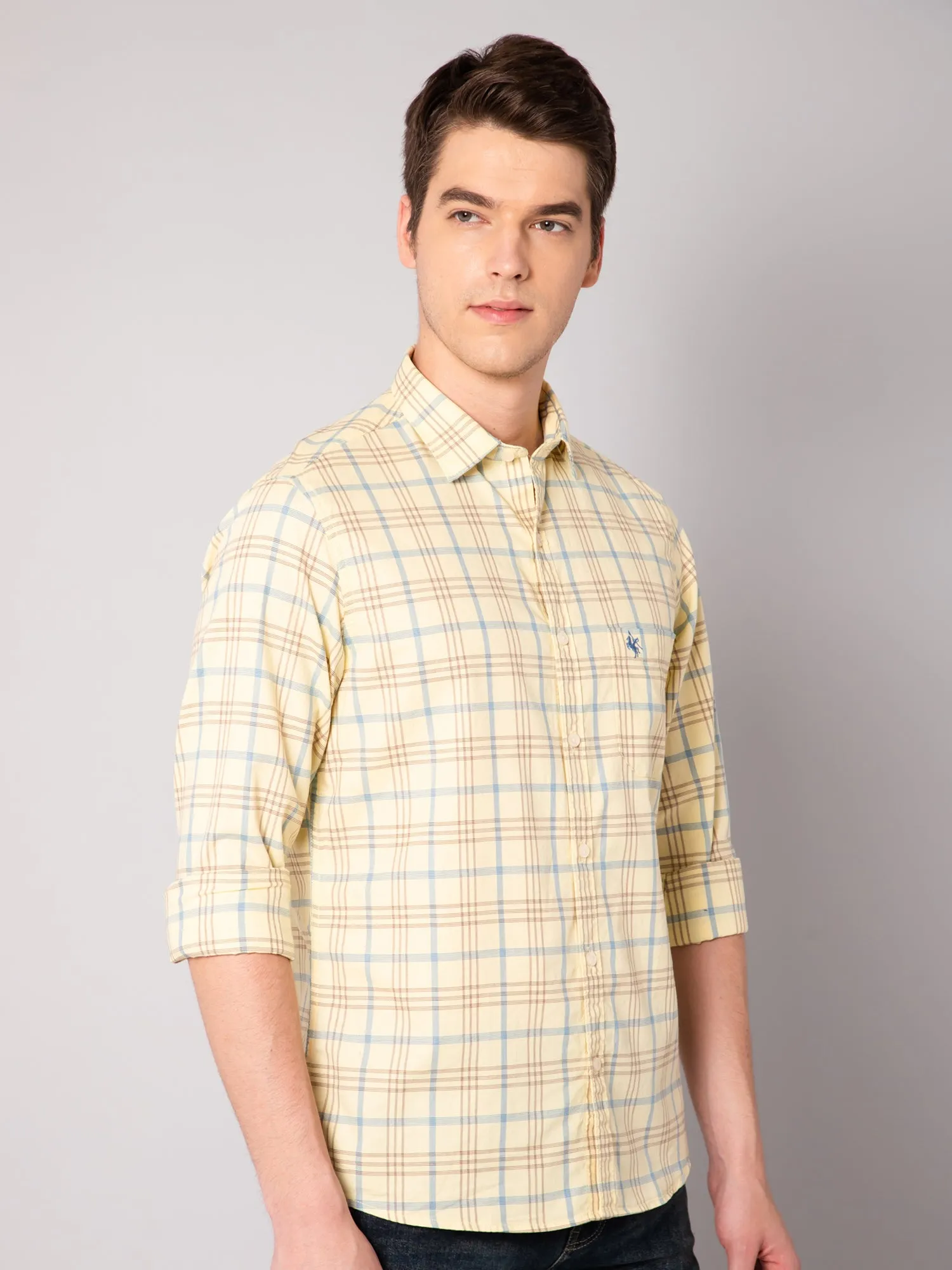 Men's Light Yellow Casual Big Checks Full Sleeve Shirt