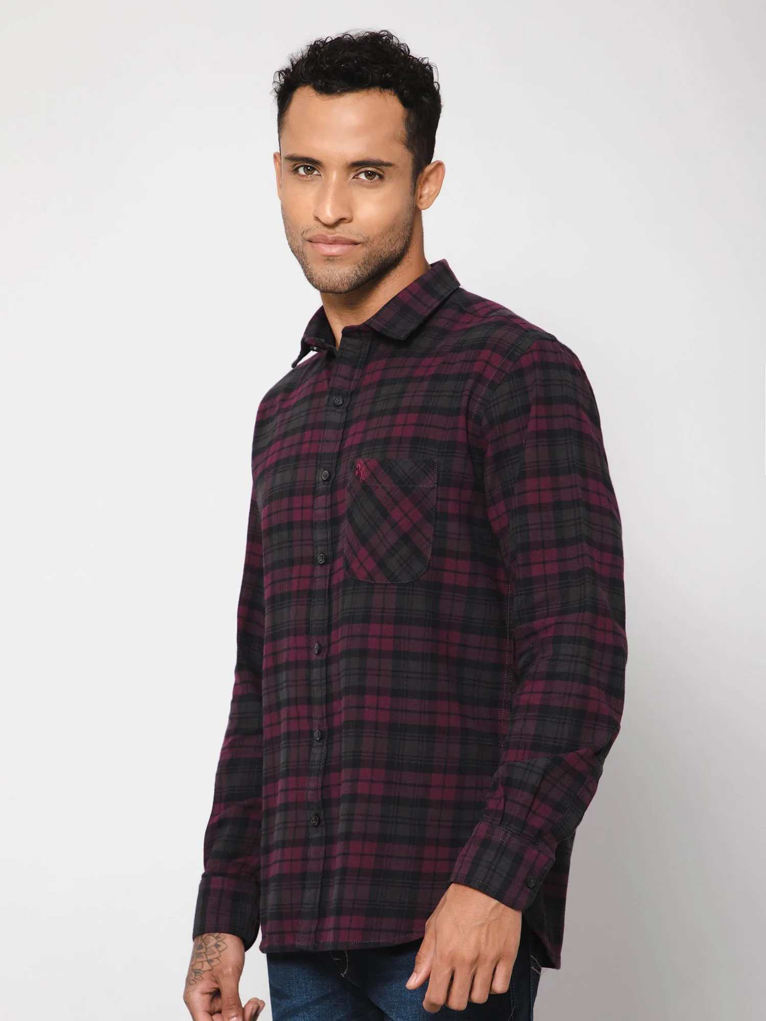 Men's Maroon Casual Brushed Medium Checks Full Sleeve Shirt