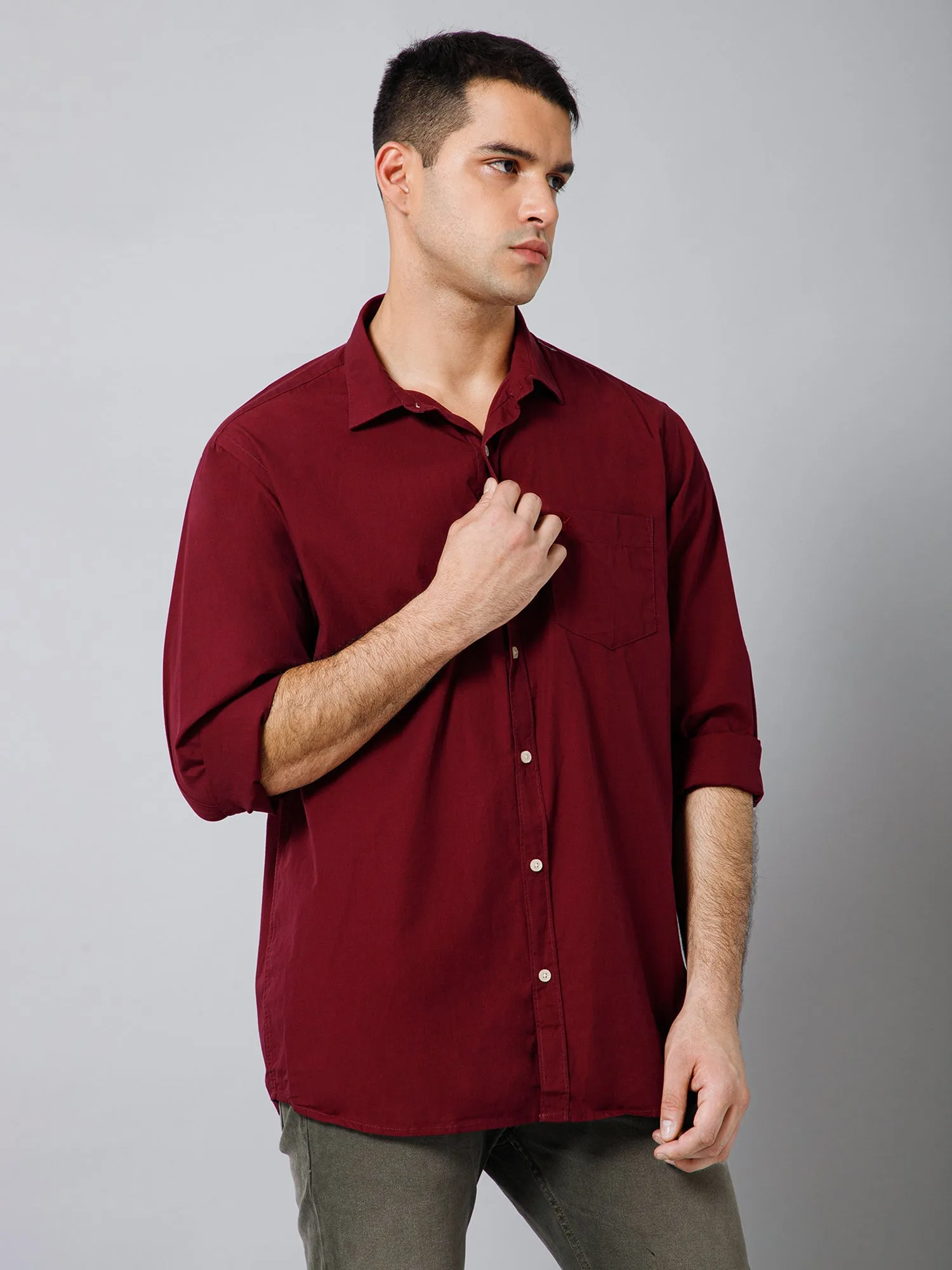 Men's Maroon Casual Fil a Fil Plain Full Sleeve Shirt