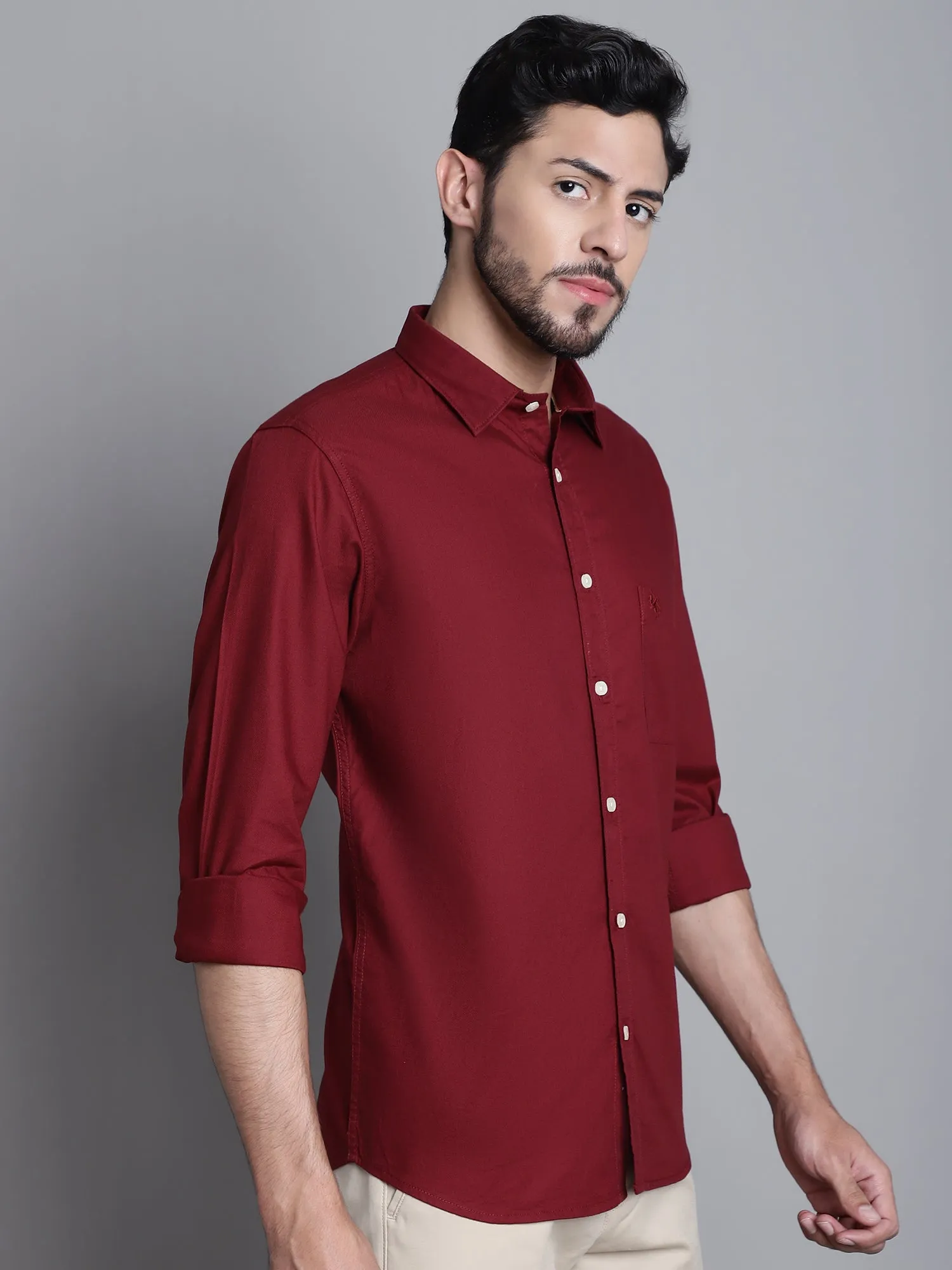 Men's Maroon Casual Self Textured Full Sleeve Shirt