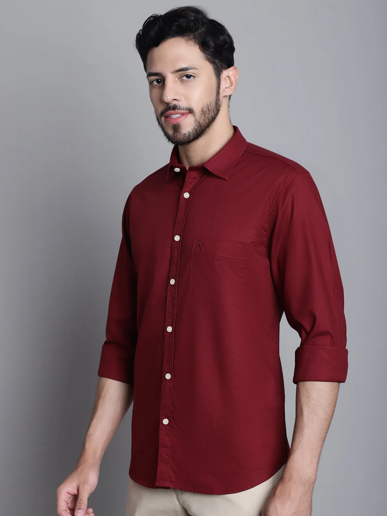 Men's Maroon Casual Self Textured Full Sleeve Shirt