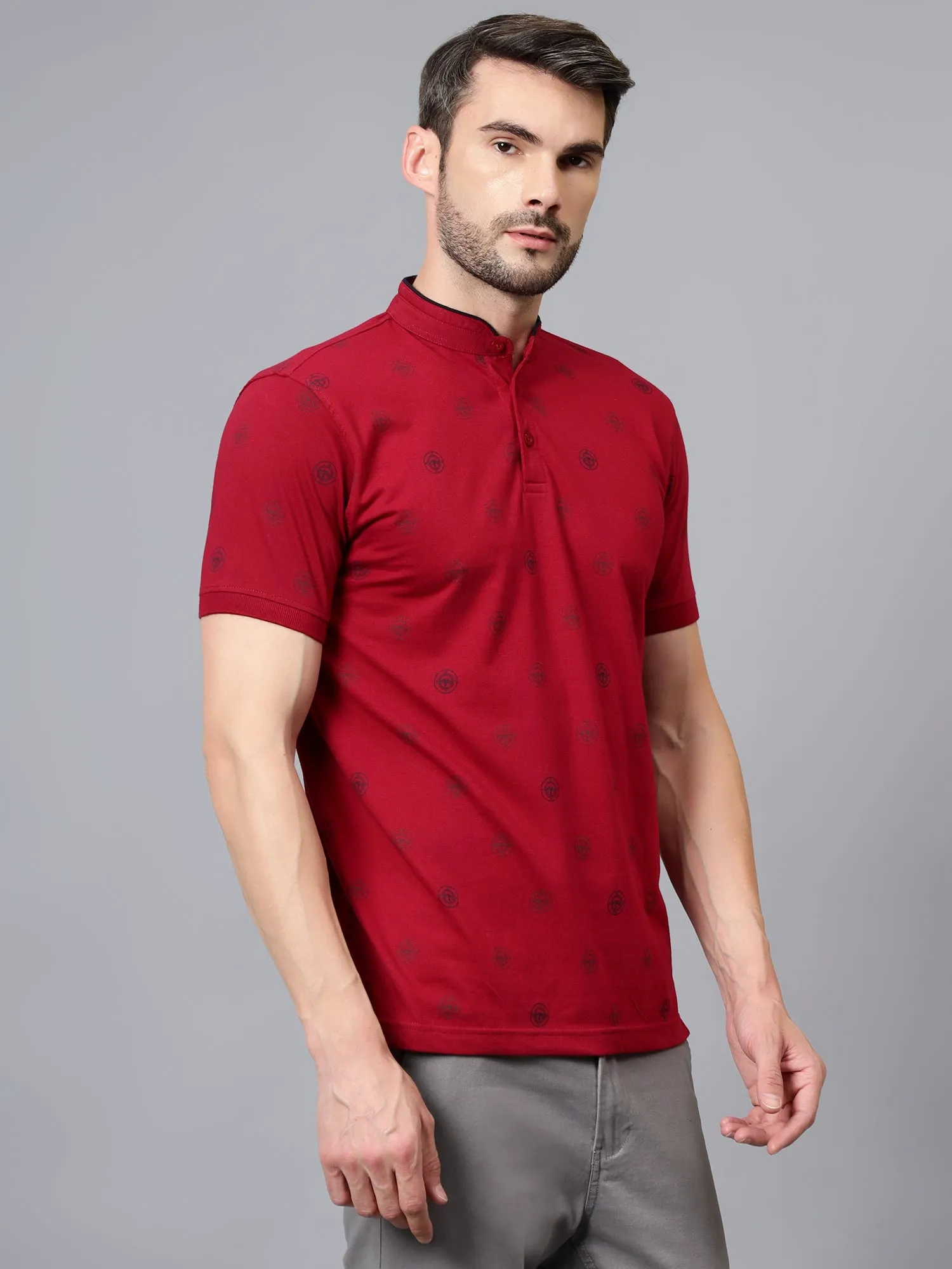 Men's Maroon Printed Mandarin Collar Half Sleeve T-shirt