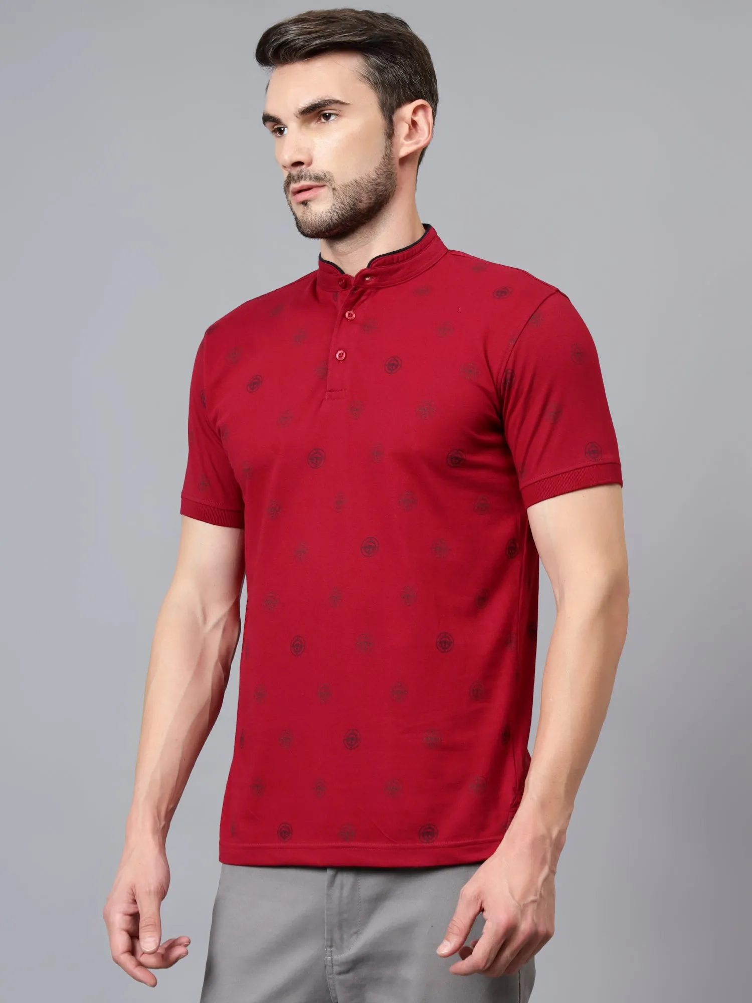 Men's Maroon Printed Mandarin Collar Half Sleeve T-shirt