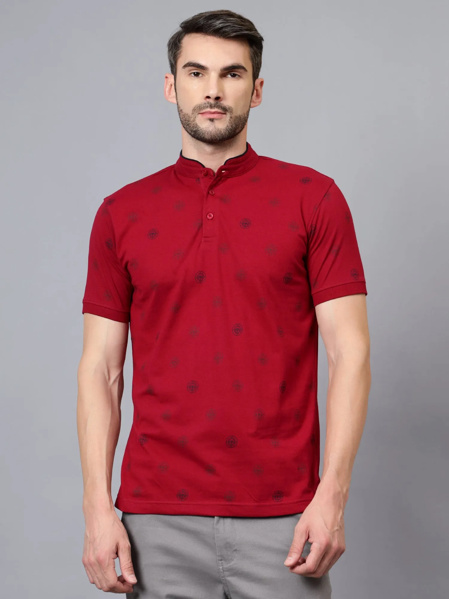 Men's Maroon Printed Mandarin Collar Half Sleeve T-shirt