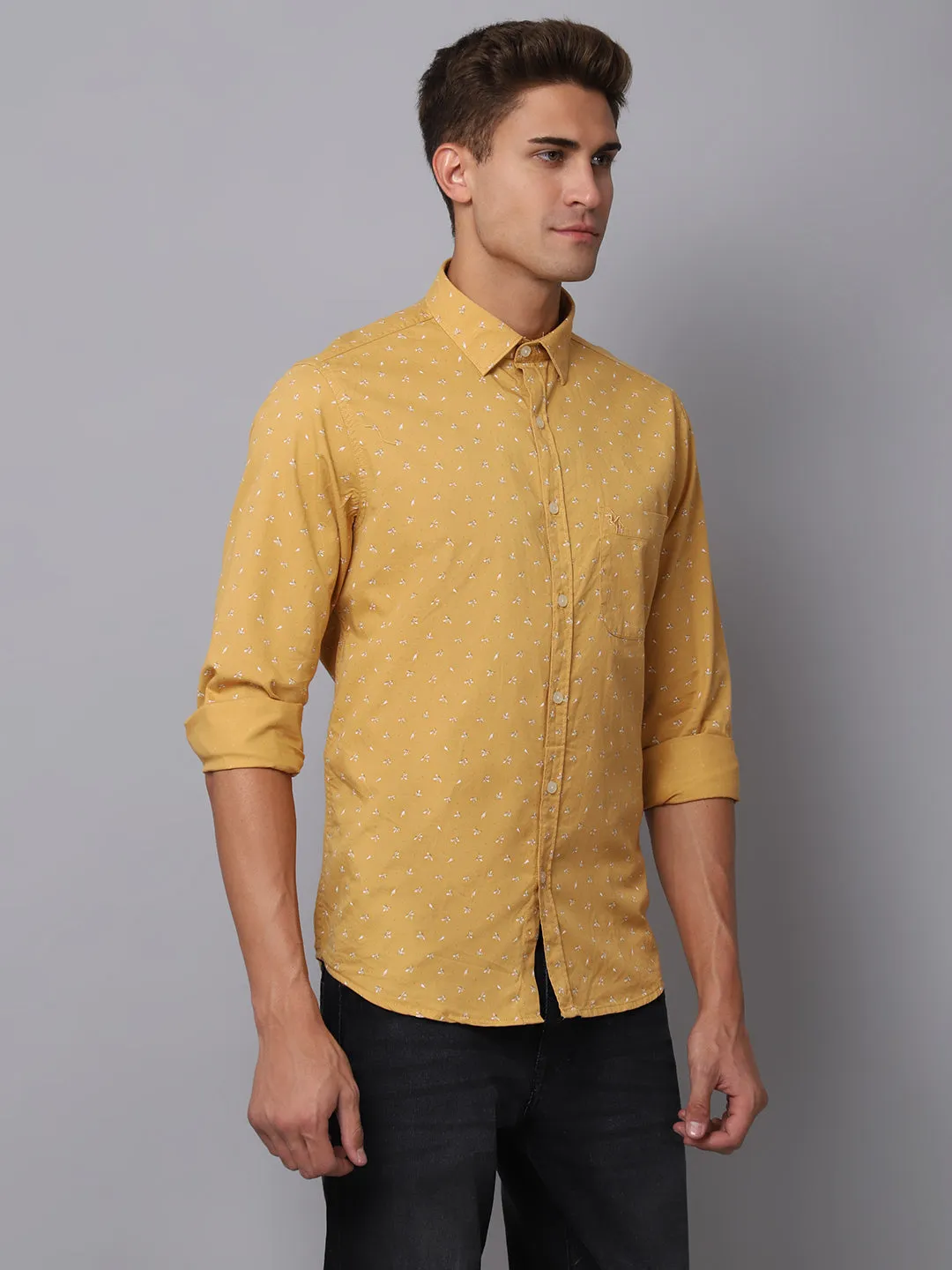 Men's Mustard Casual Floral Print Full Sleeve Shirt