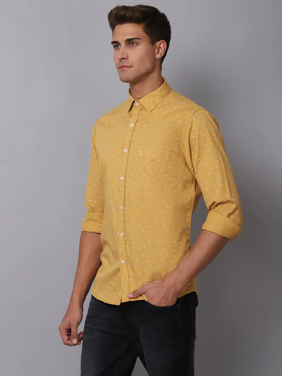 Men's Mustard Casual Floral Print Full Sleeve Shirt