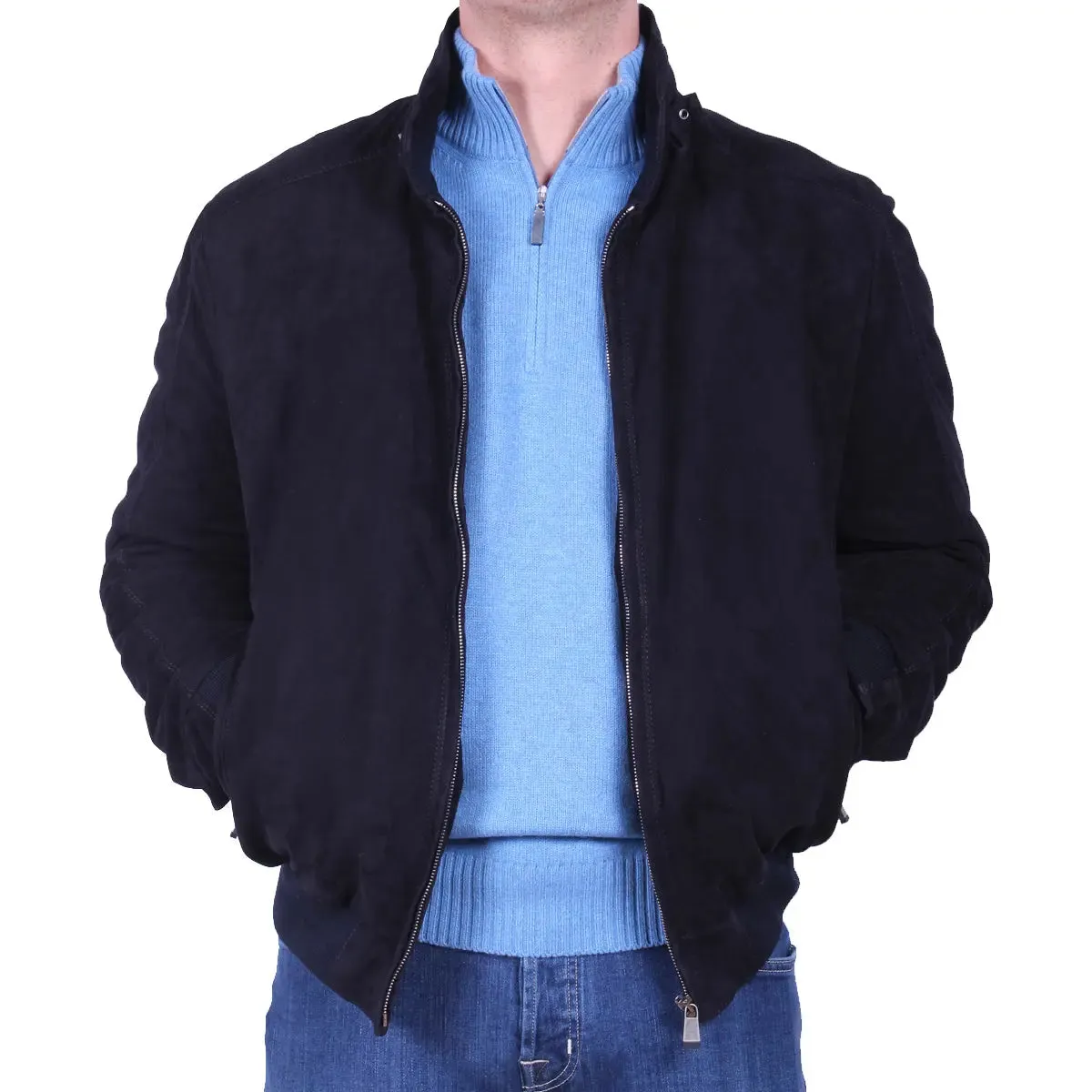 Midnight Blue Calf Suede Bomber Jacket