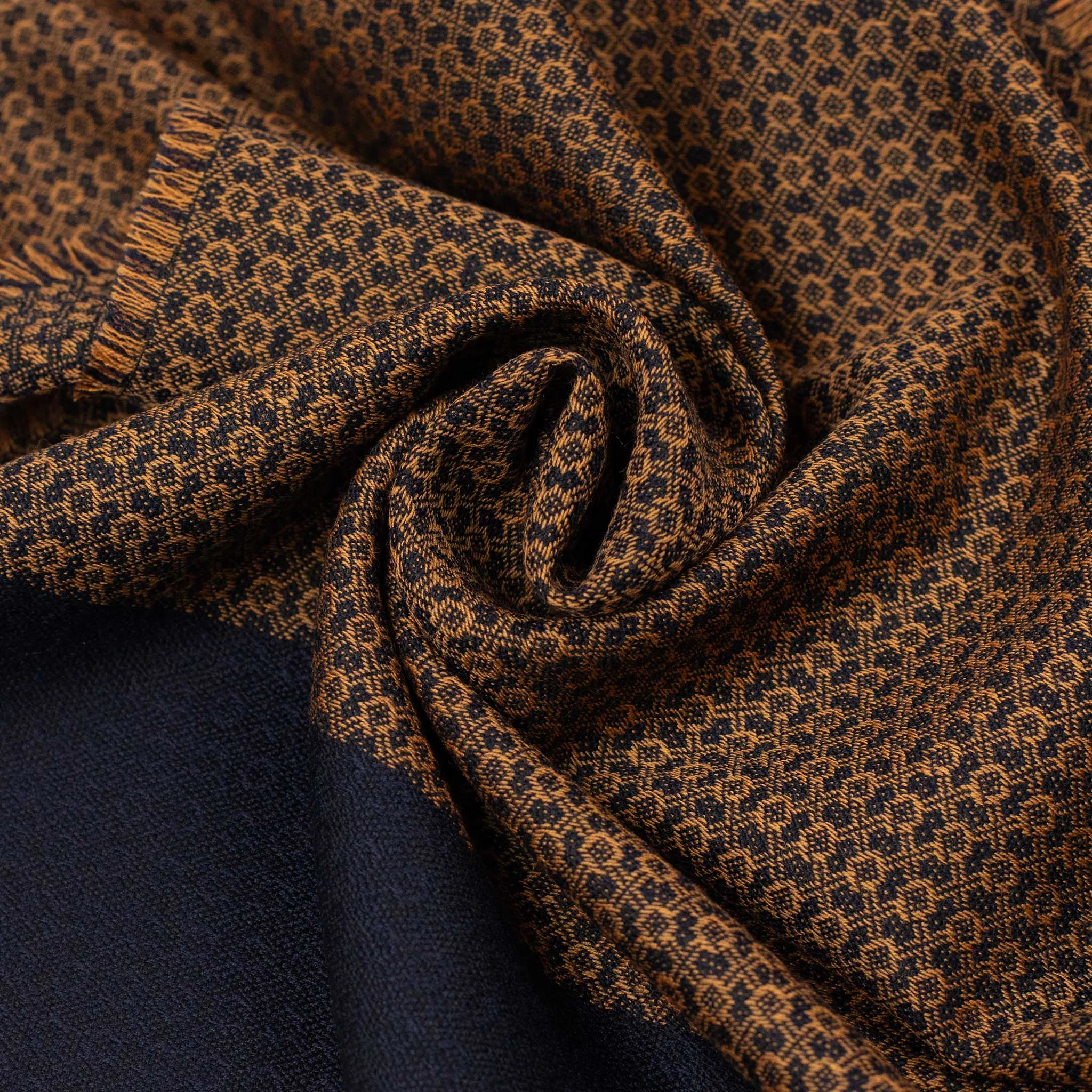 Navy wool scarf with gold jacquard geometric pattern