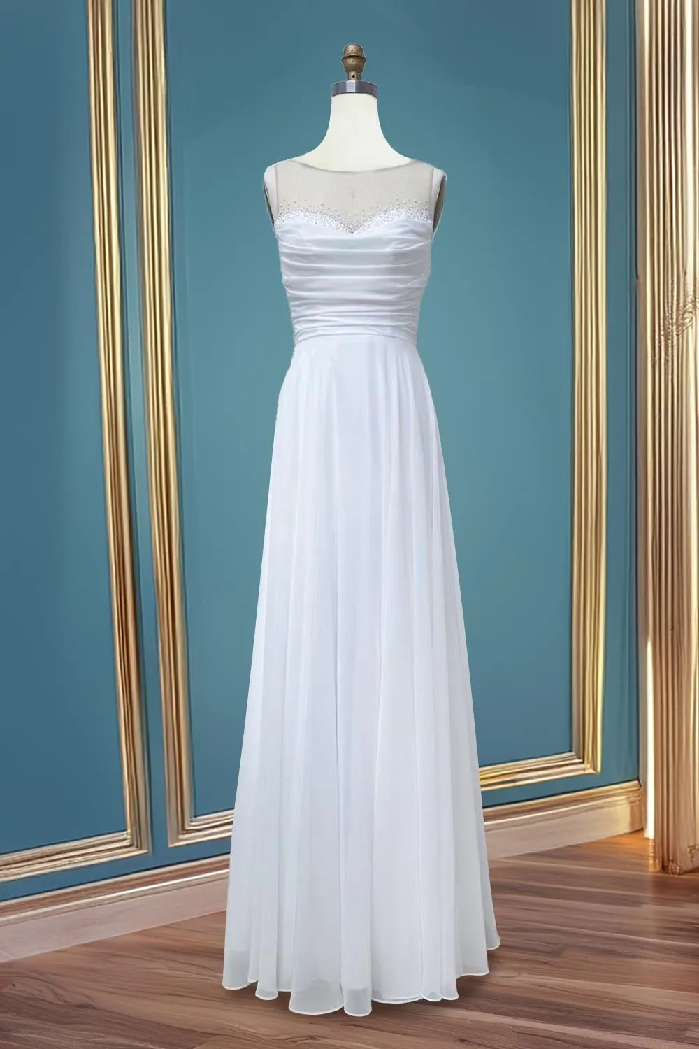 Off White Sleeveless A-Line Wedding Dress W/ Illusion Neckline & Beads Embroidery AC3023