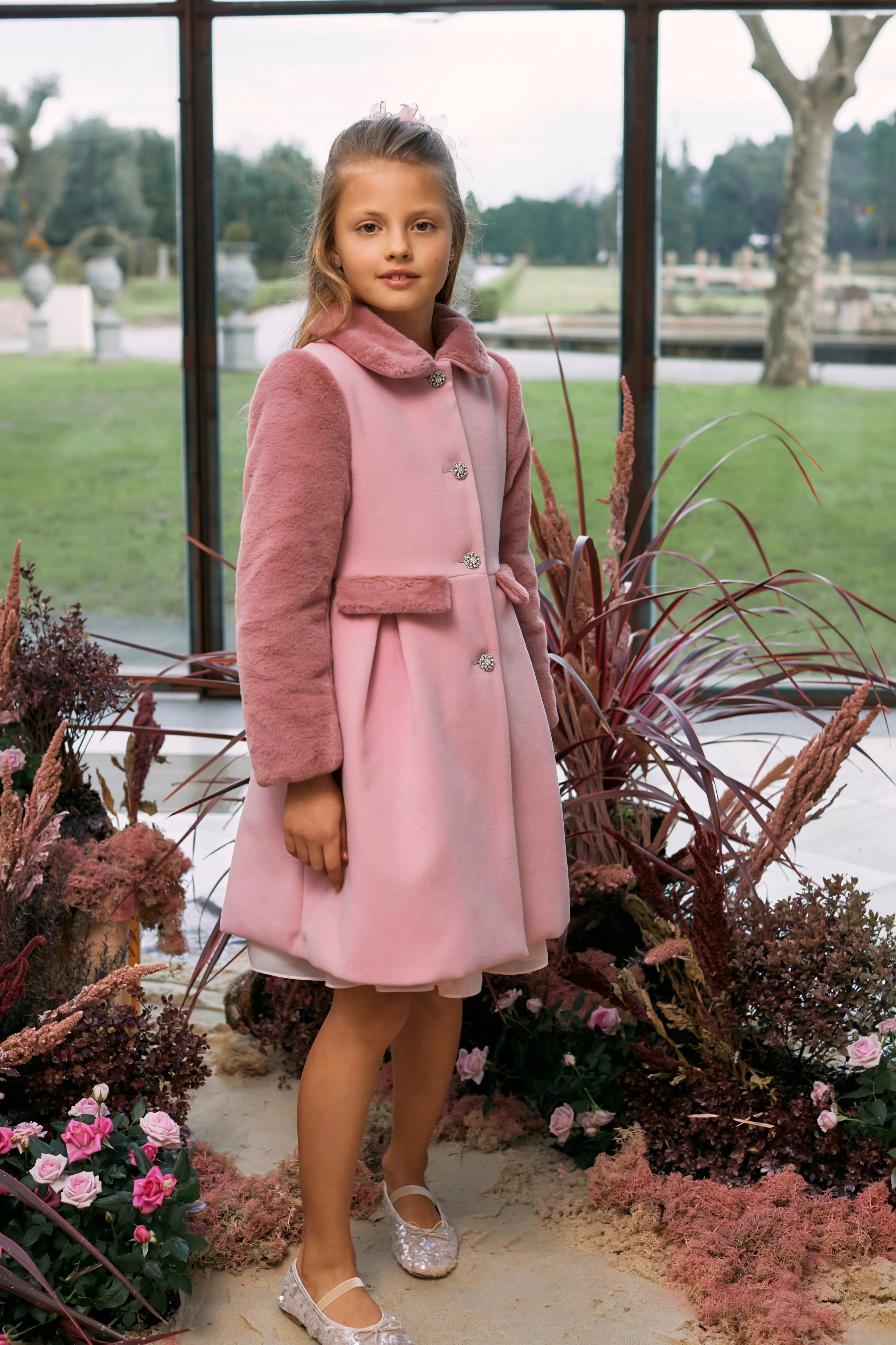 Patachou Girls Felted and Faux Fur Coat in Pink