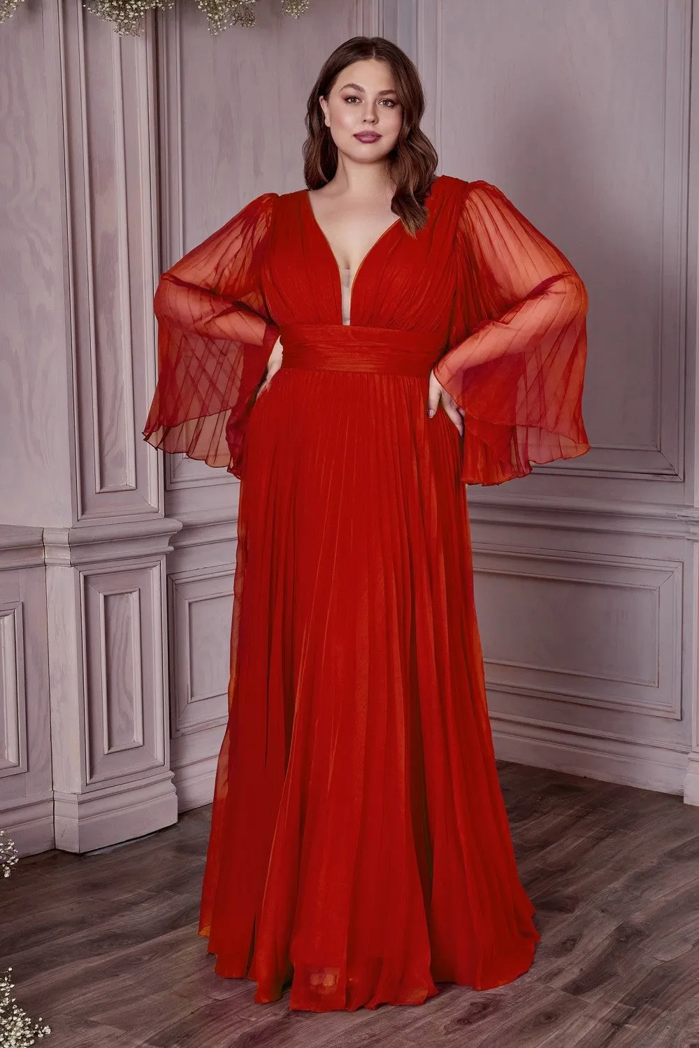 Plus Size Chiffon Prom Dress w/ Long Sleeve, V-neck, A-line & Pleats