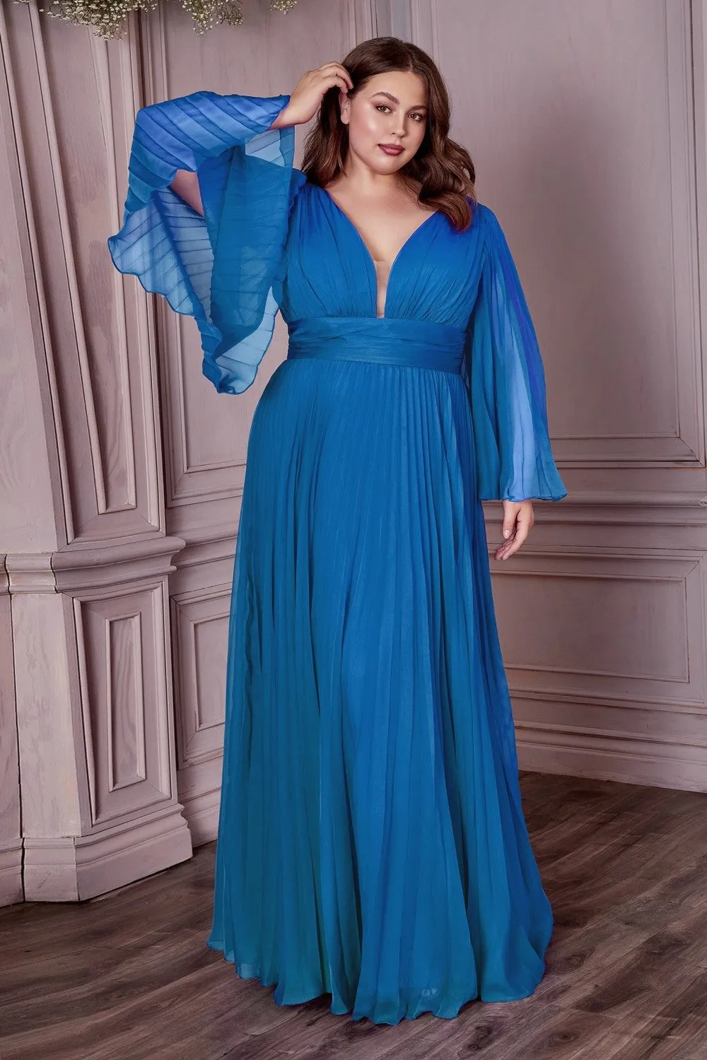 Plus Size Chiffon Prom Dress w/ Long Sleeve, V-neck, A-line & Pleats